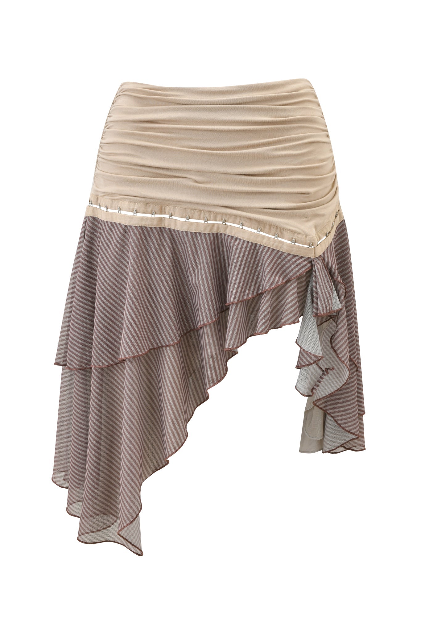 The SEPHI MIDI SKIRT - MUSHROOM STRIPE by I.AM.GIA features a beige striped design with an asymmetrical layered silhouette, ruched top, decorative trim, and cascading side ruffles, shown against a white background.