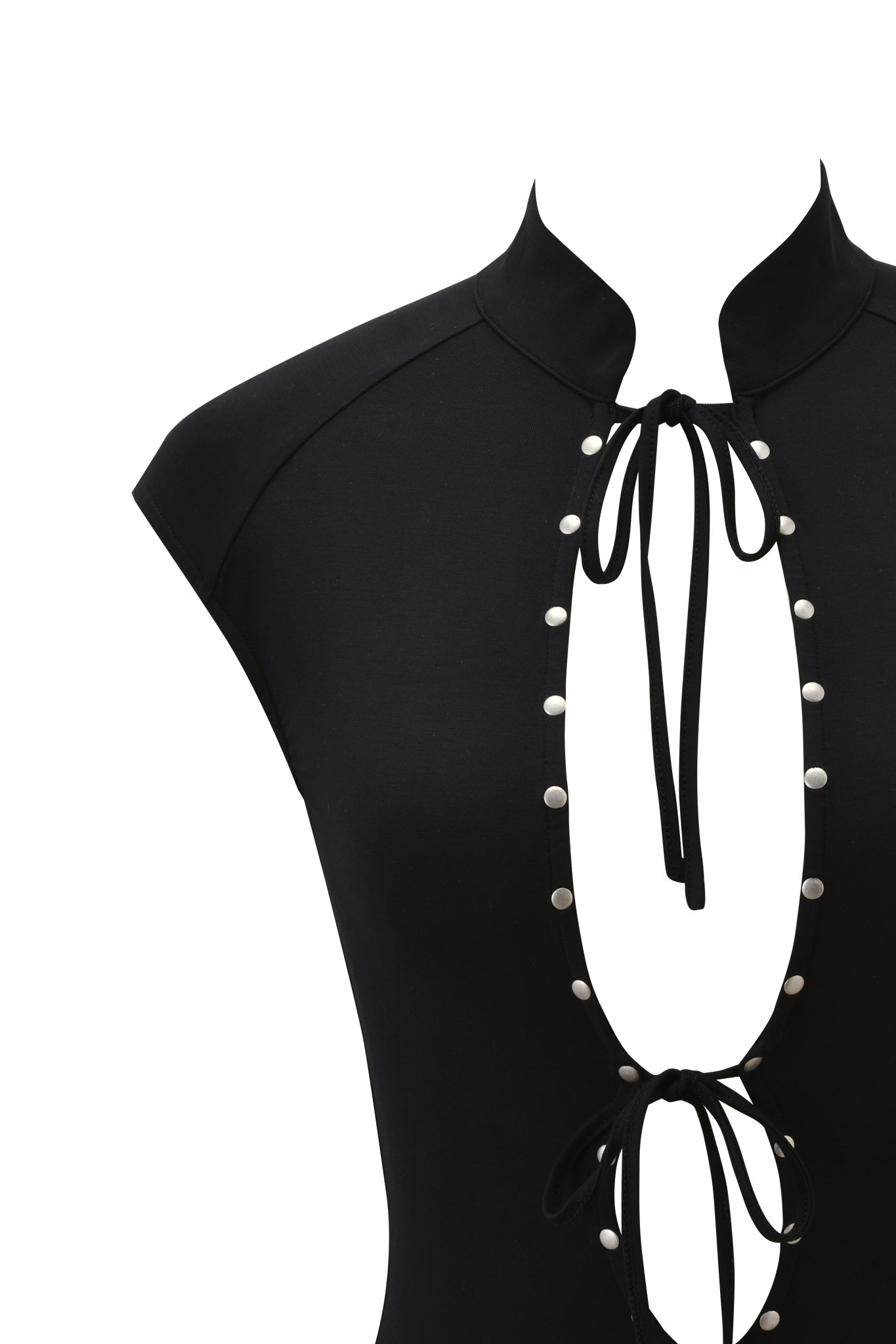 The GEORGIA TOP by I.AM.GIA is a black, bodycon jersey top featuring cap sleeves, a mandarin collar, dual front keyhole cutouts tied with black strings, and silver stud accents along the opening. Shown against a white background.