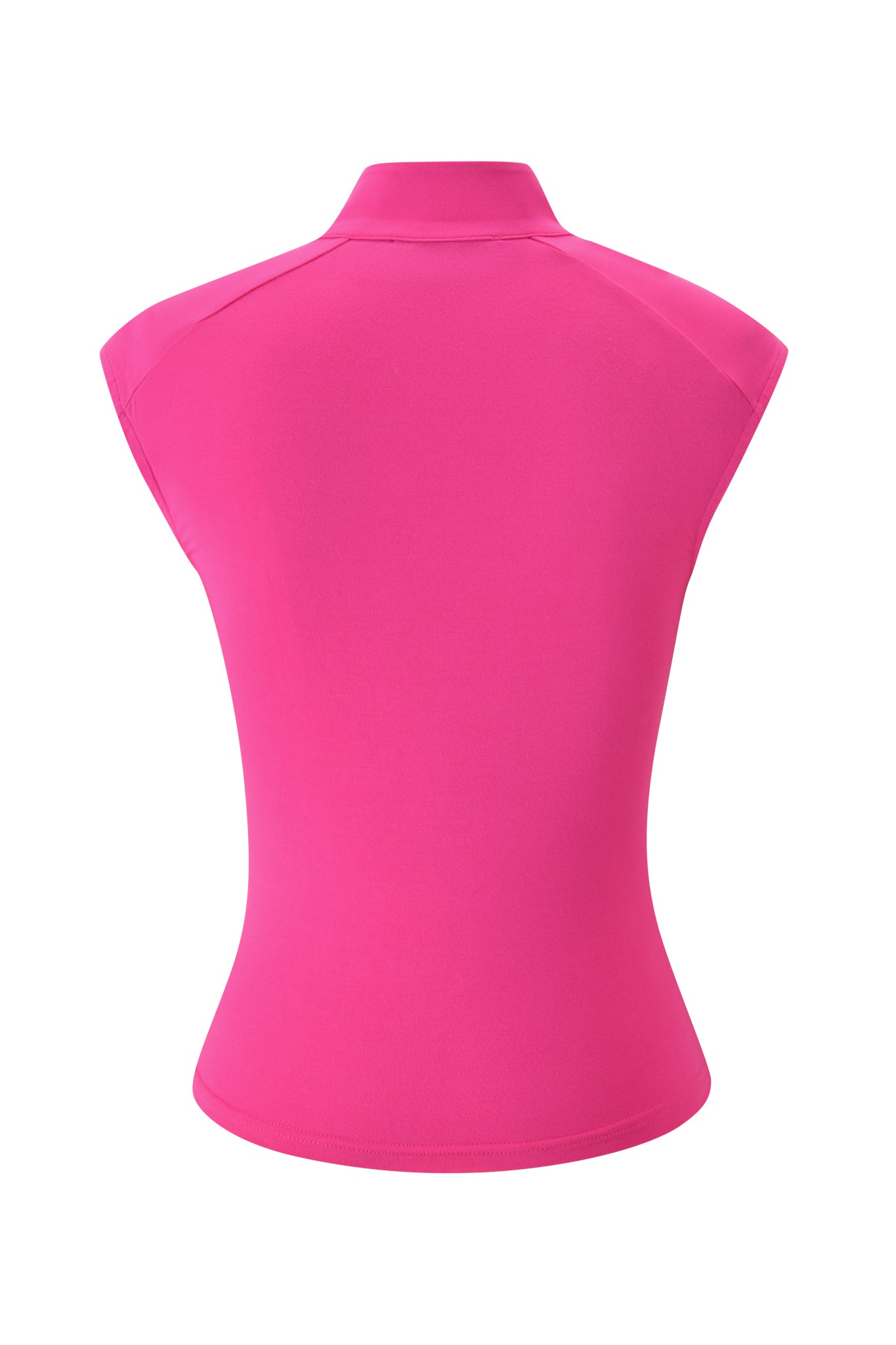 Back view of the I.AM.GIA GEORGIA TOP in Neon Pink, showcasing short sleeves, a fitted bodycon silhouette, and a high collar with tie-up detailing—displayed on a plain white background and ideal as a vibrant festival top.