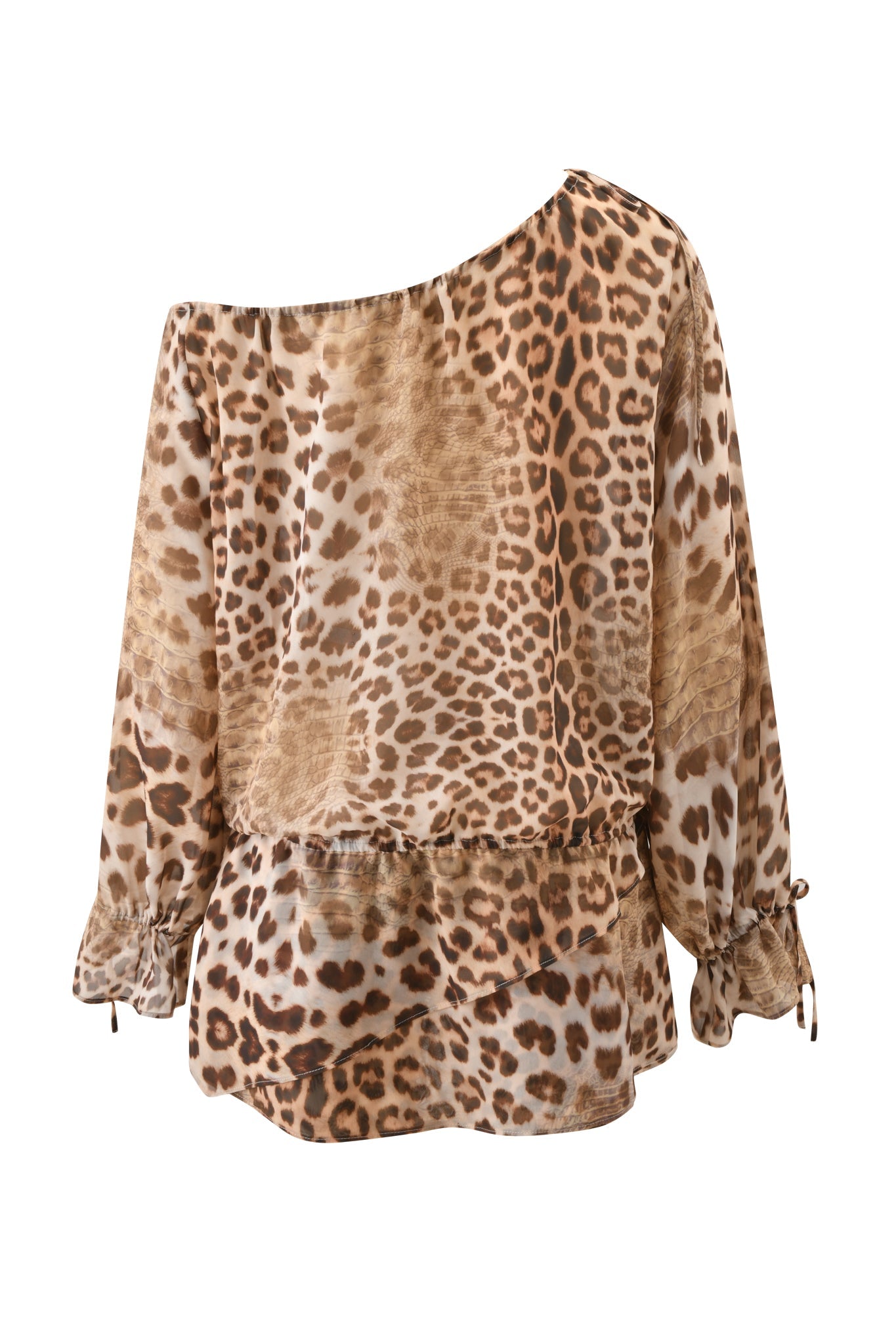The LUISA MINI DRESS - CROCODILE TEARS by I.AM.GIA features long sleeves, an off-the-shoulder neckline, a brown and tan animal print, and gathered cuffs for a chic look inspired by off-shoulder mini dress style.