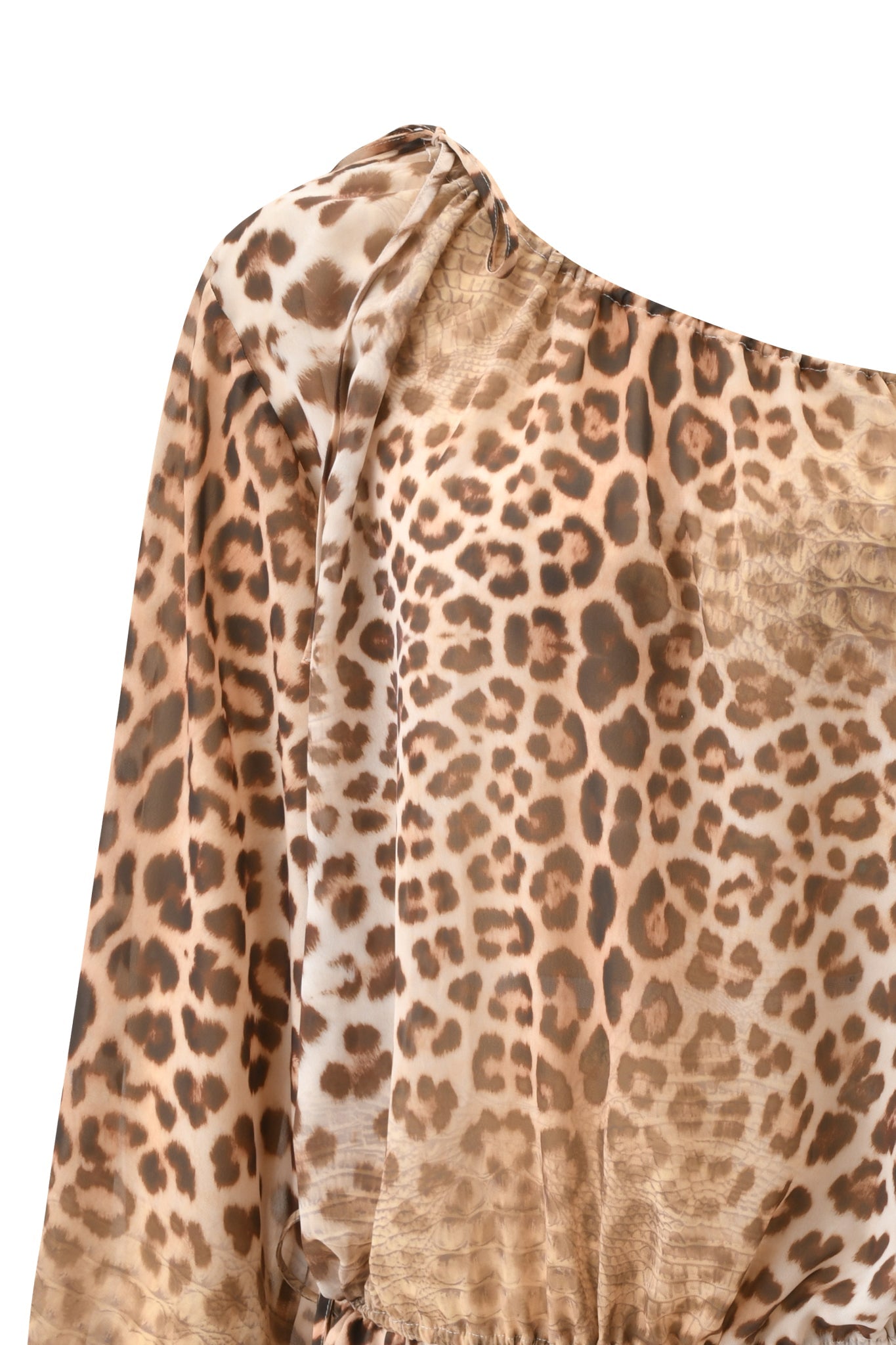 Close-up of the I.AM.GIA LUISA MINI DRESS - CROCODILE TEARS, a silky animal-print dress with brown and tan crocodile pattern, featuring a gathered shoulder and one long sleeve.