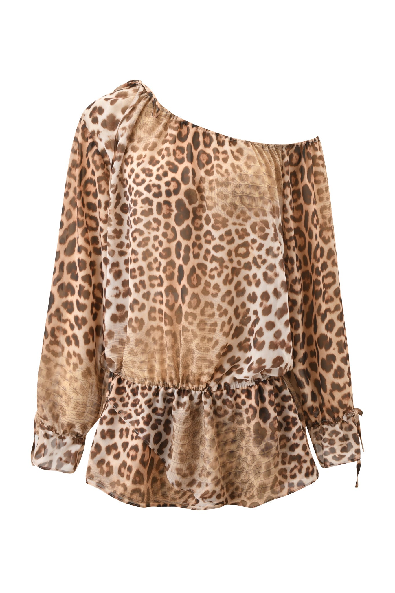 The I.AM.GIA LUISA MINI DRESS - CROCODILE TEARS features long sleeves, an off-the-shoulder neckline, a brown and tan animal print, and a ruffled hem, shown against a plain white background.