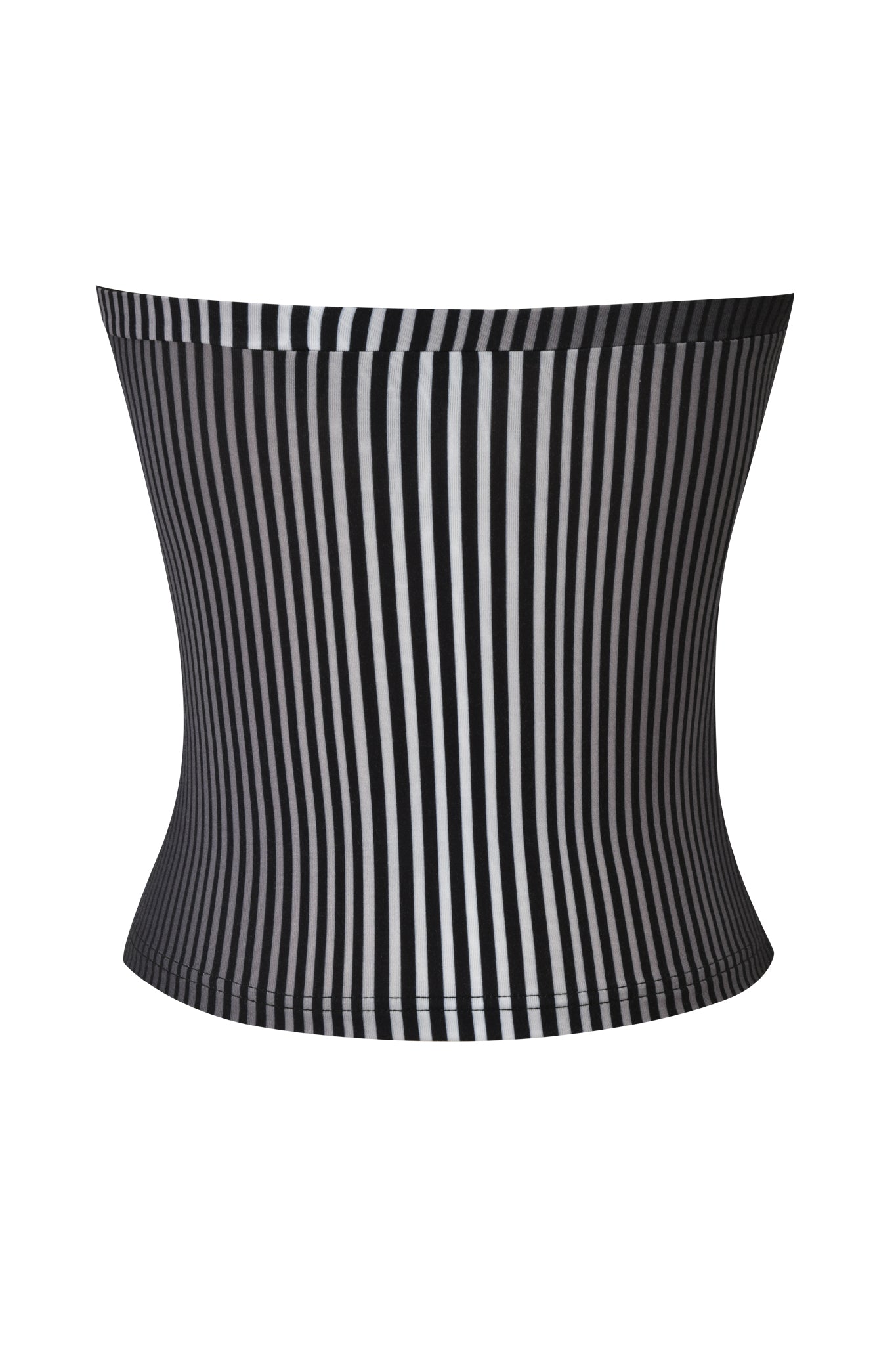 The TRINITY BOOB TUBE - STRIPE by I.AM.GIA is a black and white vertically striped, strapless top made from soft bamboo viscose jersey with a form-fitting shape and a slightly flared hem, shown on a white background.