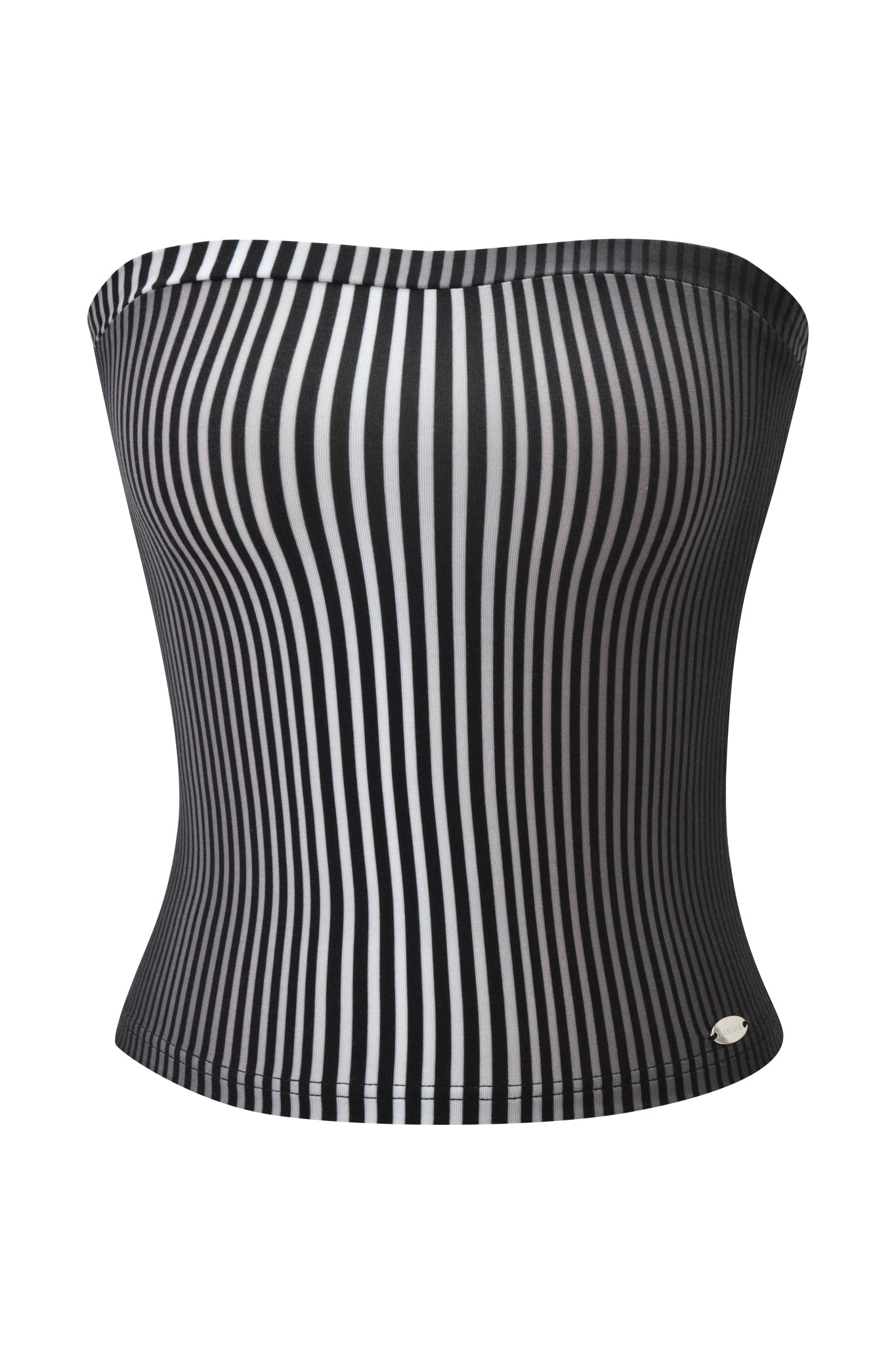 The TRINITY BOOB TUBE - STRIPE by I.AM.GIA is a strapless, form-fitting black and white vertical stripe top made from bamboo viscose jersey, featuring a small metallic logo tag near the hem.