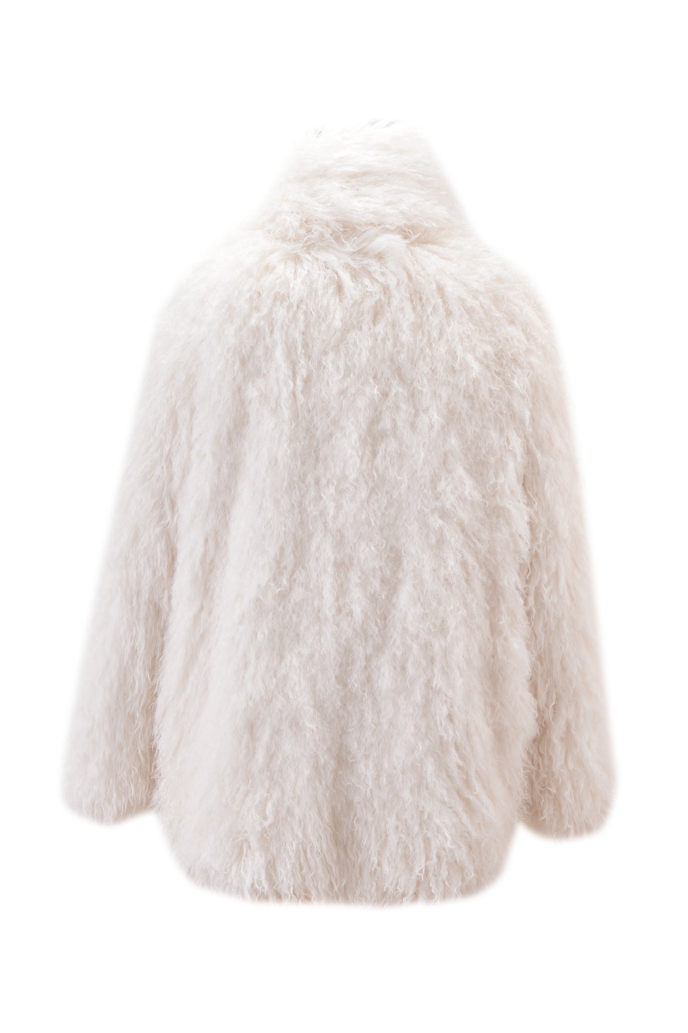 A back view of the I.AM.GIA DOVE SCARF FUR COAT in cream, showcasing its wide collar, loose sleeves, and oversized hip-length silhouette, set against a plain white background.