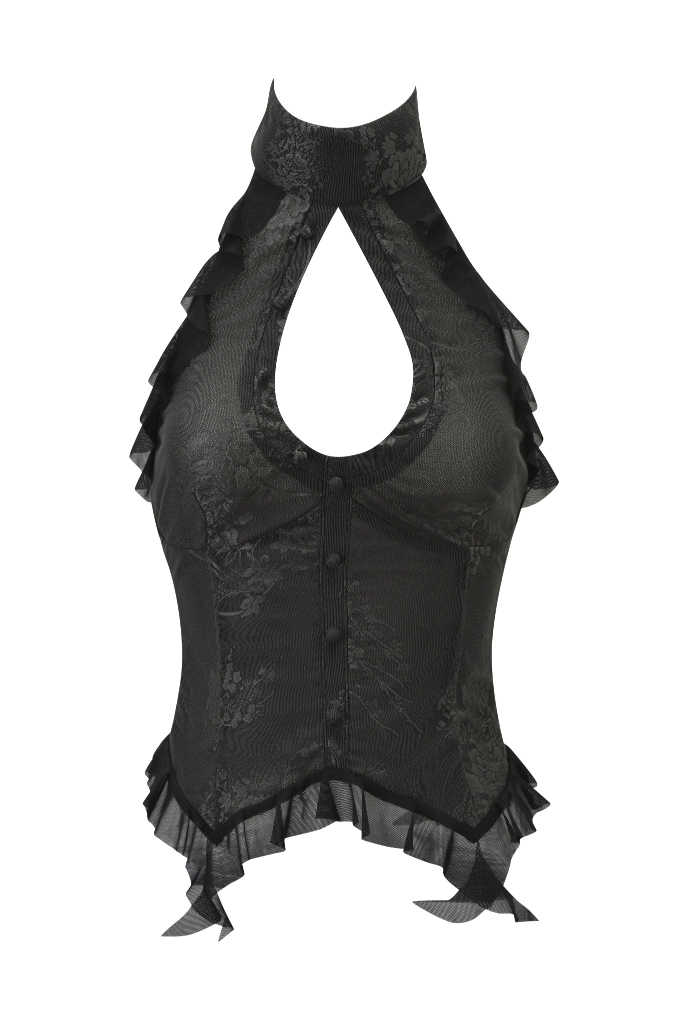 The ISOLAE TOP - BLACK by I.AM.GIA is a halter-neck keyhole top with ruffled trim, decorative buttons, and a subtle floral jacquard mesh. Sheer ruffle hem adds elegance and style.