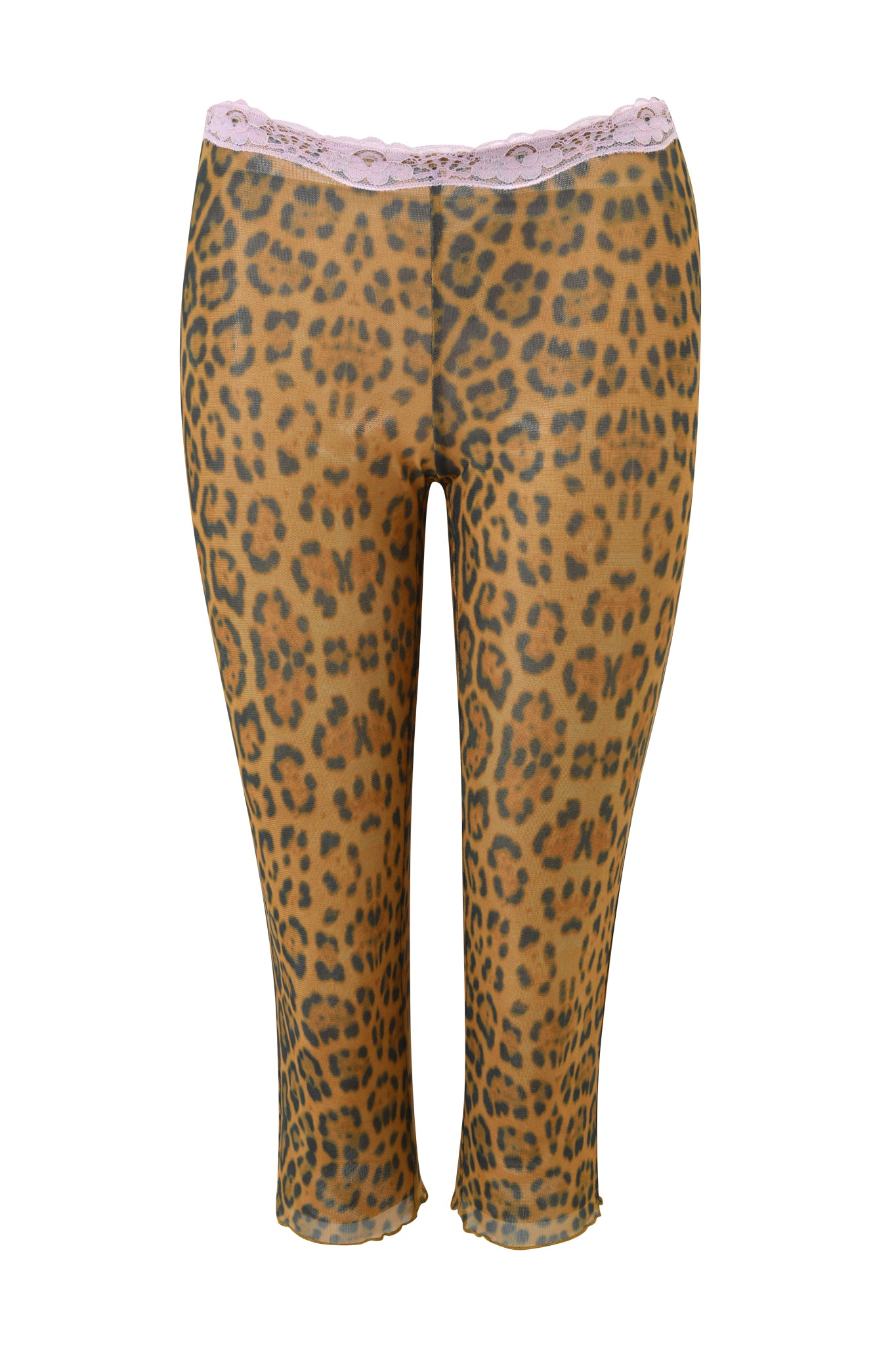 The I.AM.GIA TASHI CAPRI - PANTHERA features a bold leopard print and pastel pink lace trim at the waistband, shown on a white background.