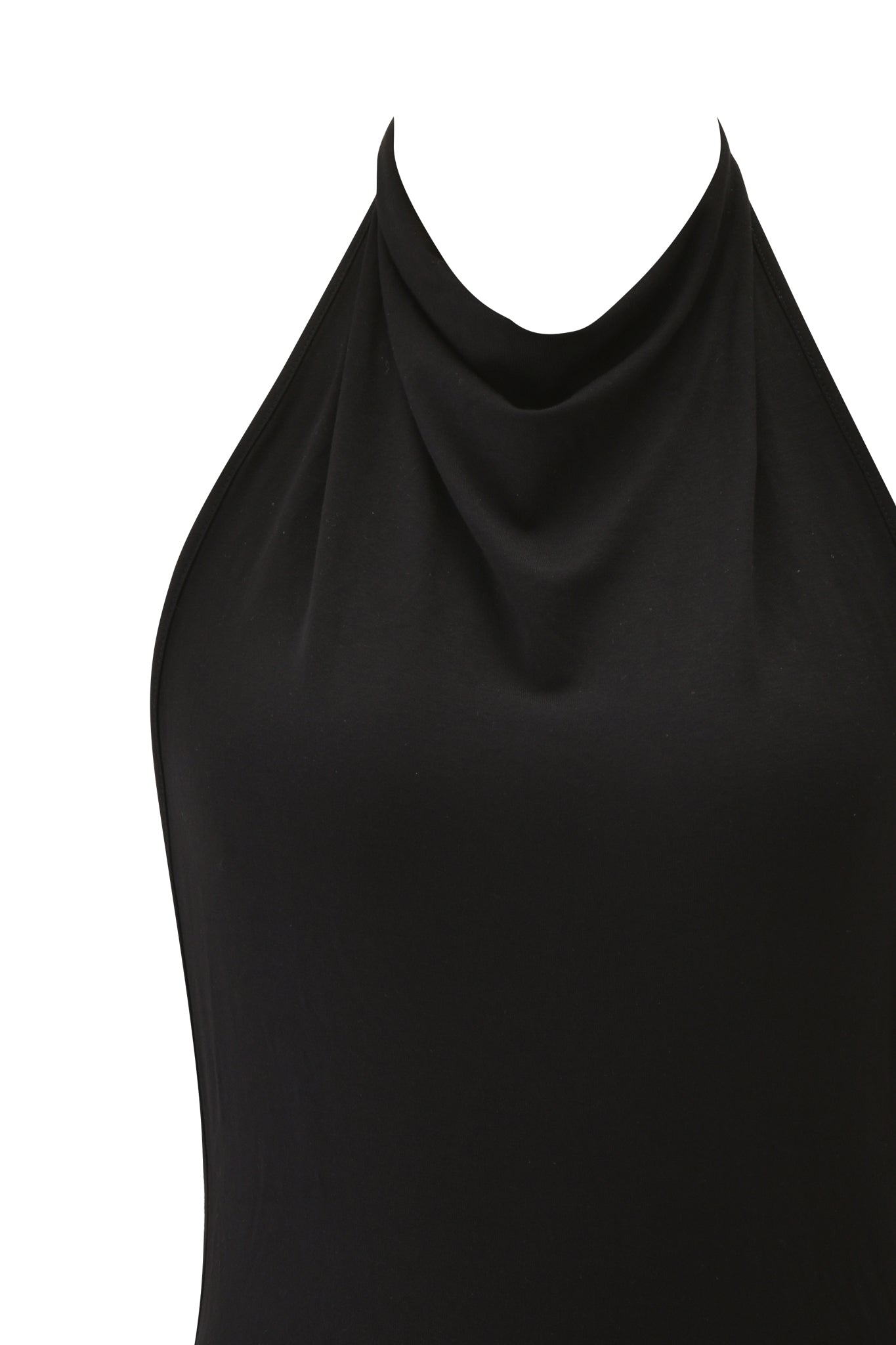 Close-up of the KAIRA PLAYSUIT - BLACK by I.AM.GIA, a sleeveless black halter-neck style with a draped neckline, made from soft bamboo viscose jersey and displayed on a white background.
