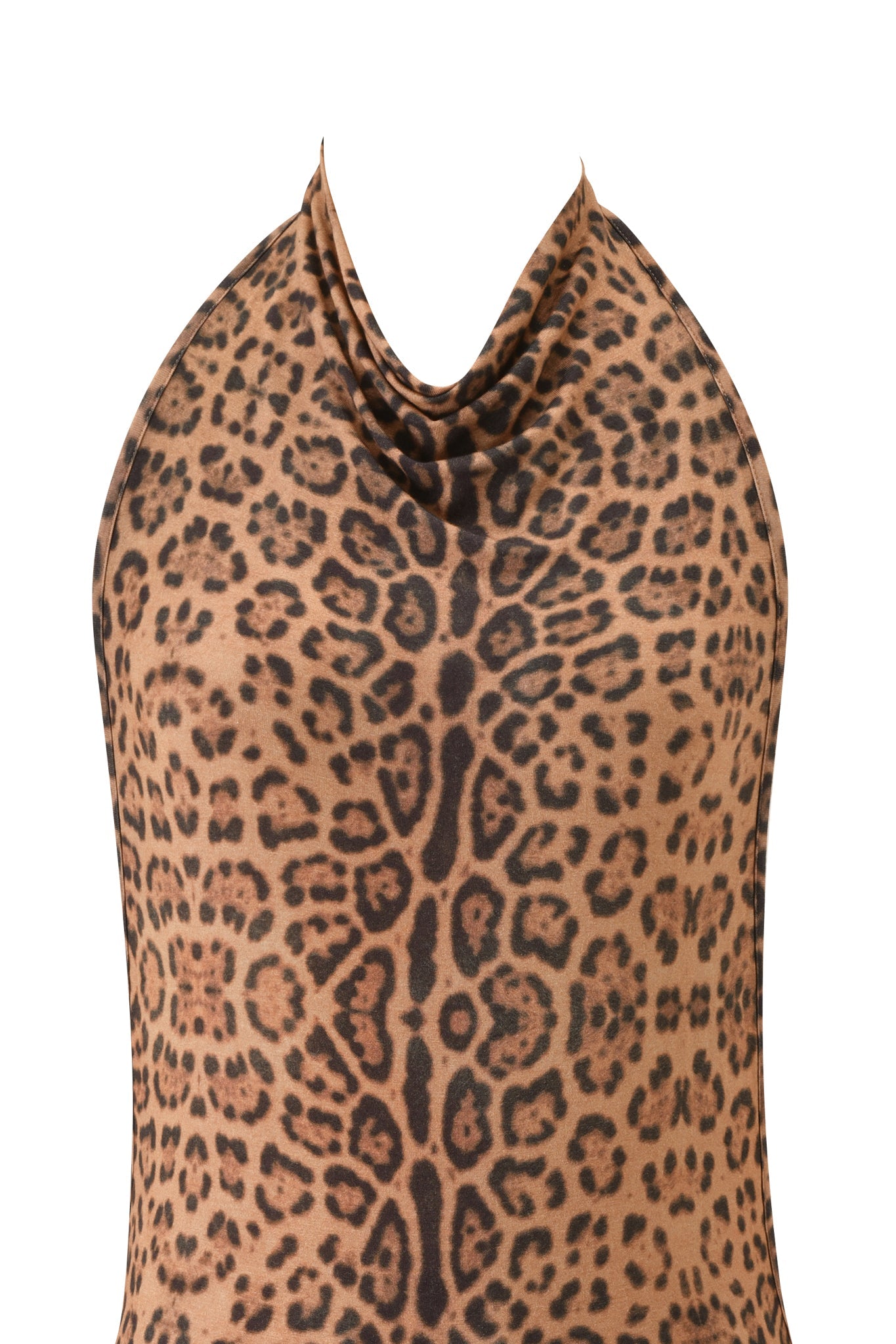 A close-up of the I.AM.GIA KAIRA PLAYSUIT - PANTHERA shows its sleeveless, halter-neck design with a bold brown and black Panthera print, draped neckline, and symmetrical leopard-like spots for a wild statement look.