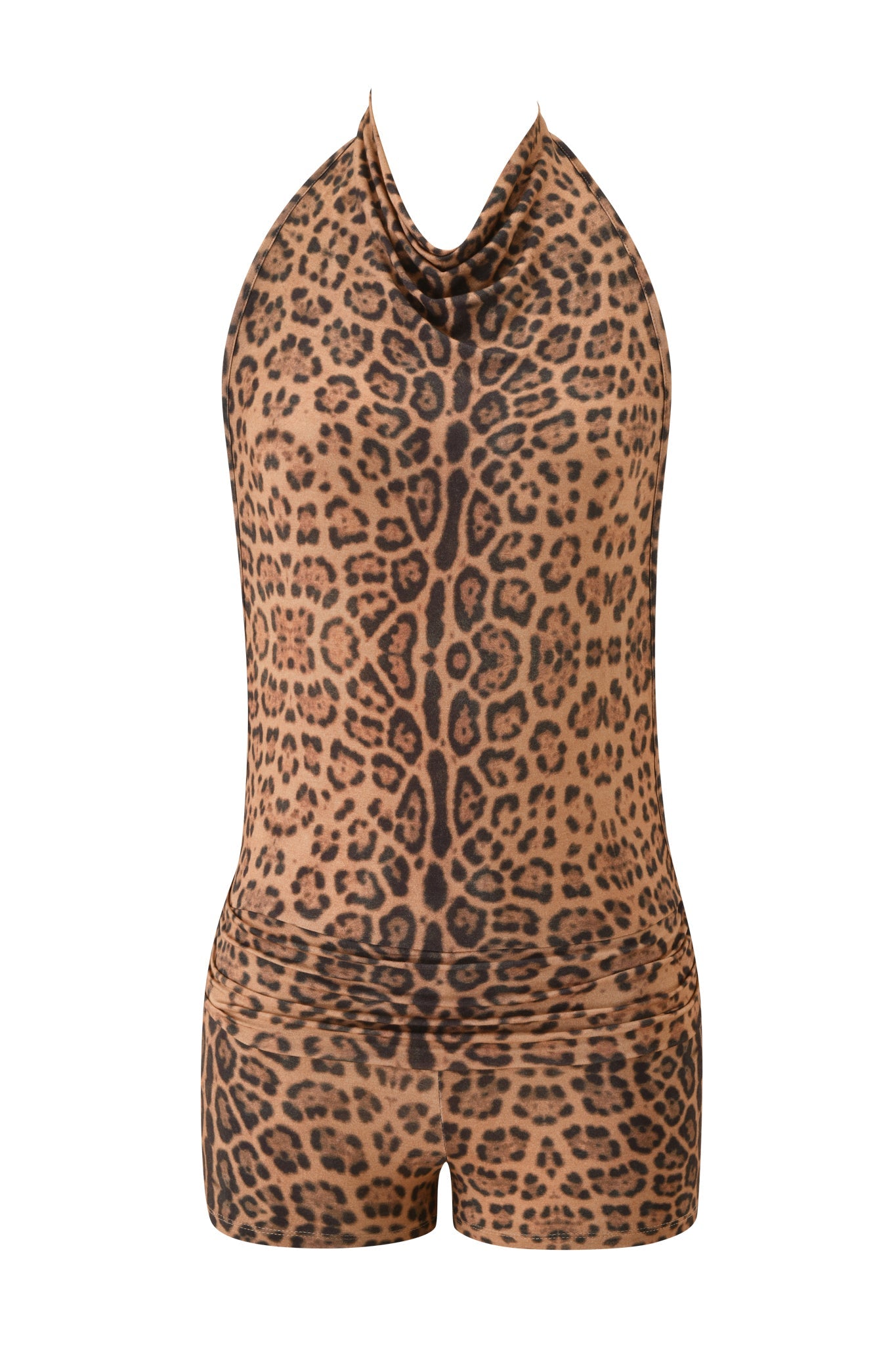The I.AM.GIA KAIRA PLAYSUIT - PANTHERA is a sleeveless halter-neck playsuit with a cowl neckline, brown and black Panthera print, and fitted, stretchy shorts for comfort and style. No background is visible.