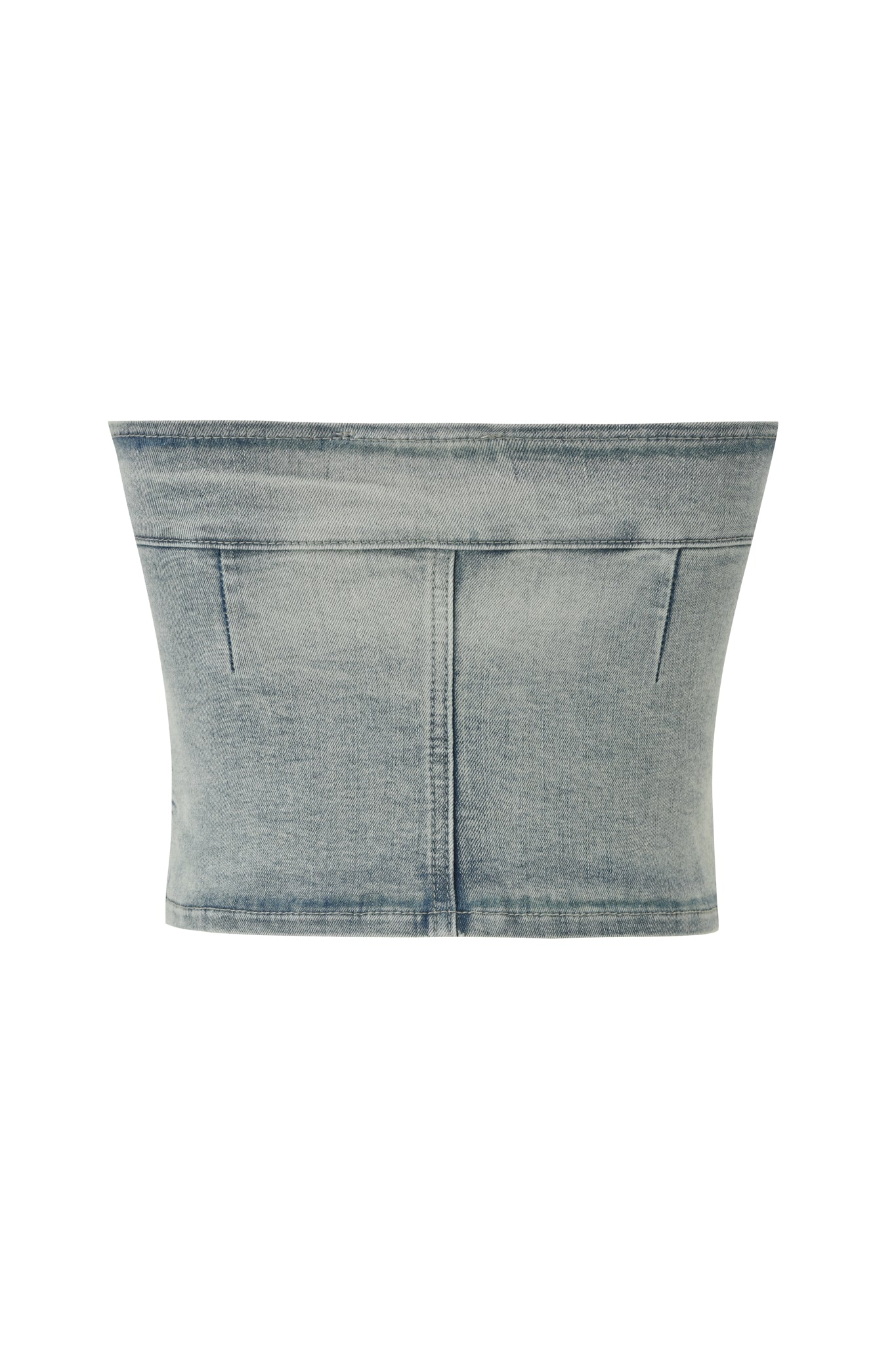 The I.AM.GIA JENN DENIM BOOB TUBE - BLUE is a light blue stretch denim tube top with subtle seam details and a faded wash, shown from the back for the perfect light wash denim style.