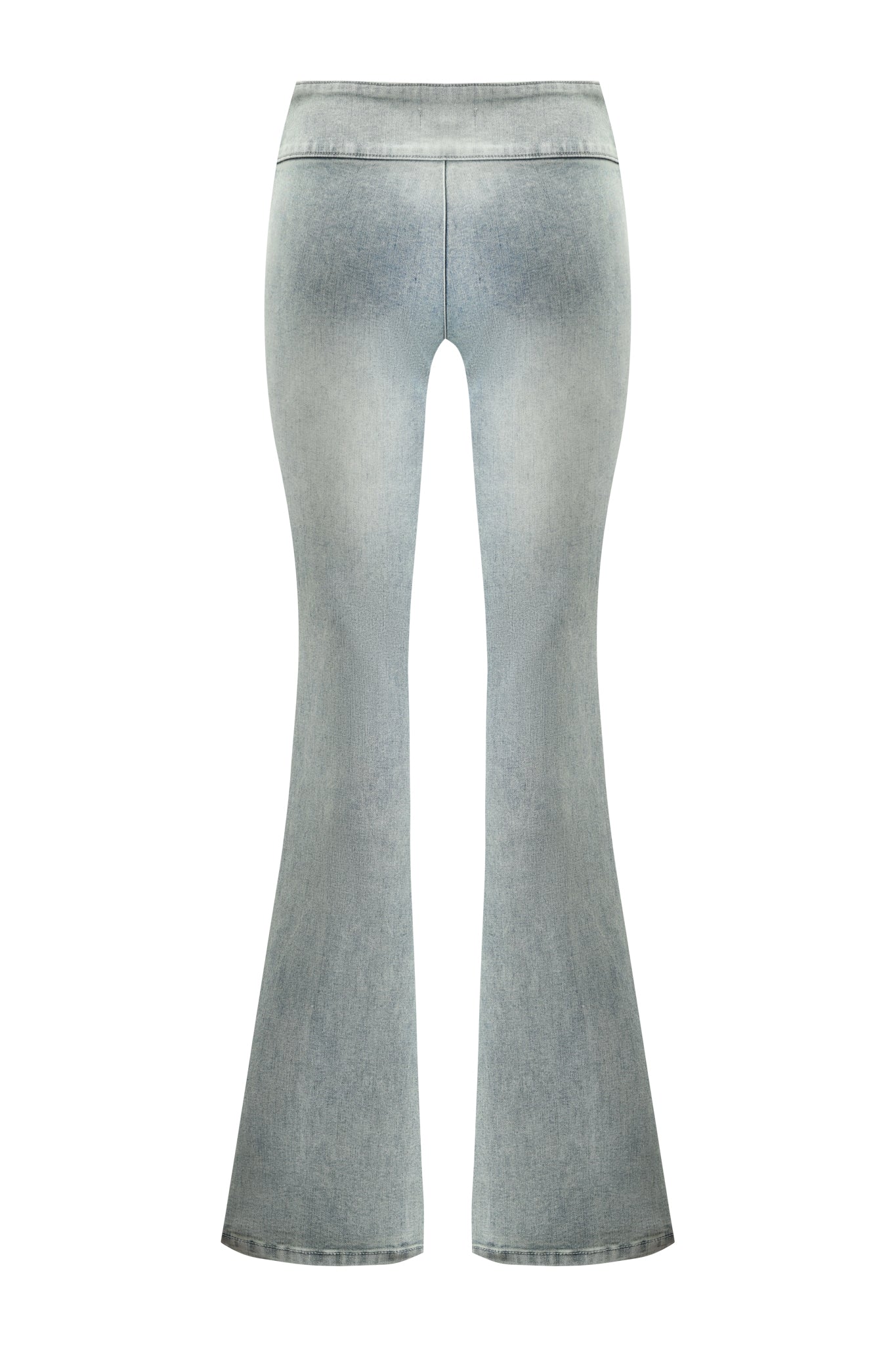 Rear view of I.AM.GIA JENN JEAN - BLUE: high-waisted, light wash denim pants with a fitted top and flared legs, featuring a clean back with no visible pockets or embellishments.