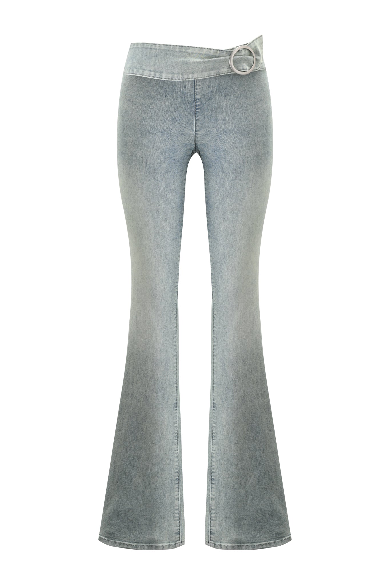 The JENN JEAN - BLUE by I.AM.GIA features light-wash denim, a high-rise asymmetric waistband with a silver circular buckle, and a flared silhouette with fitted upper legs and wide hems for standout style.