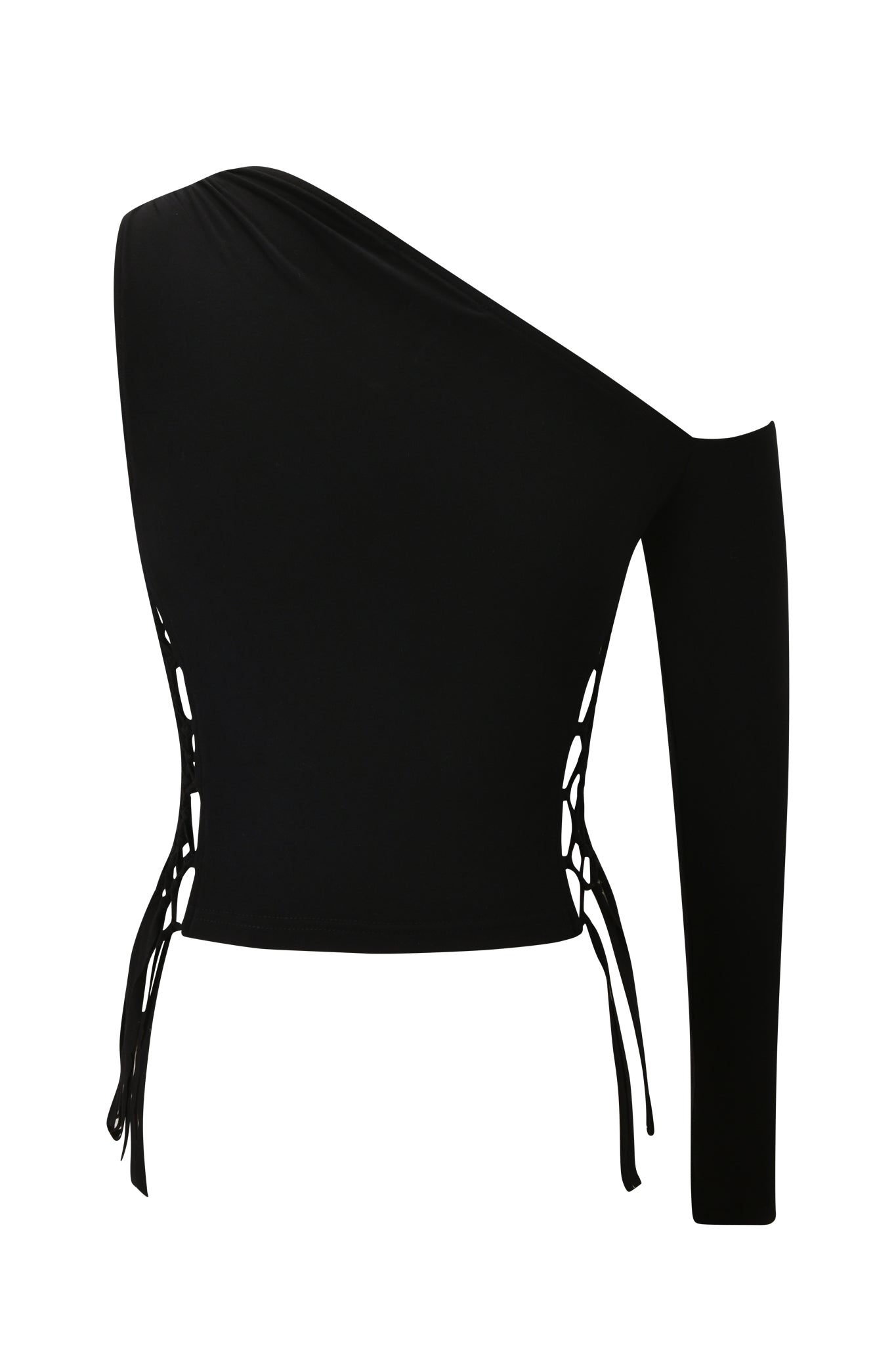 The MARIELLE TOP - BLACK by I.AM.GIA is a black, one-shoulder long sleeve crop top with lace-up ties on both sides, crafted in jersey knit for a sleek bodycon fit and chic asymmetrical style.