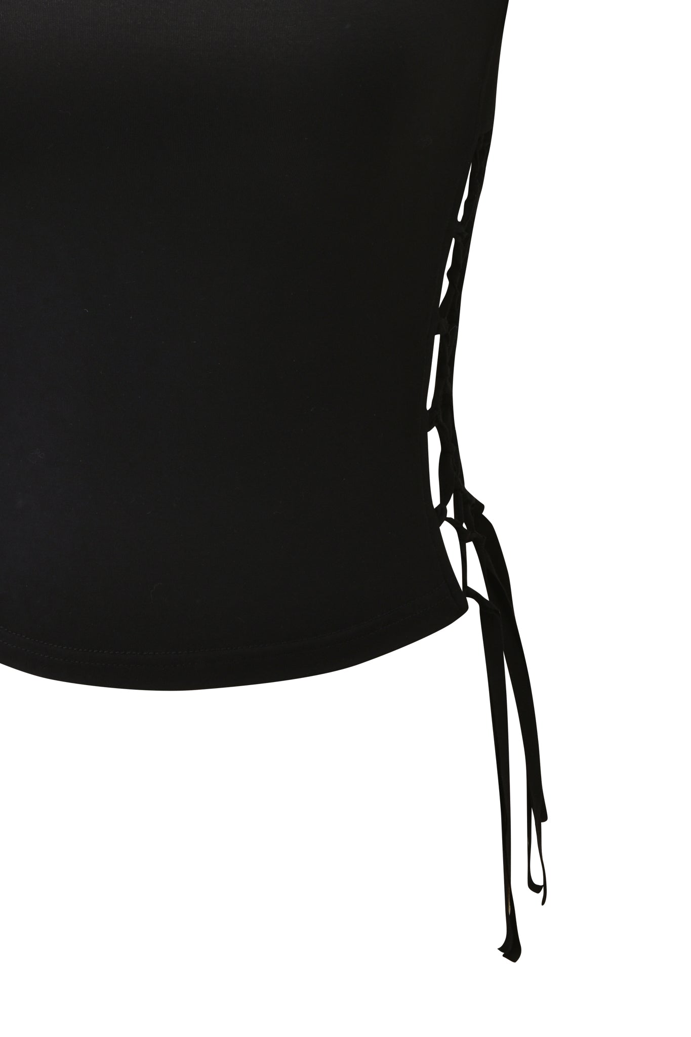 Close-up of the MARIELLE TOP - BLACK by I.AM.GIA, an off-shoulder jersey knit top with lace-up side detailing and thin black ties, displayed against a white background.