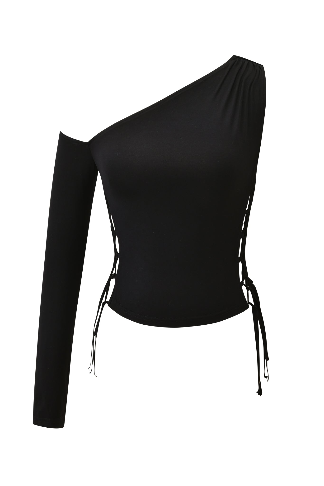 The MARIELLE TOP - BLACK by I.AM.GIA is a black jersey knit, one-shoulder long sleeve top featuring lace-up sides and a bodycon fit, shown against a plain white background.