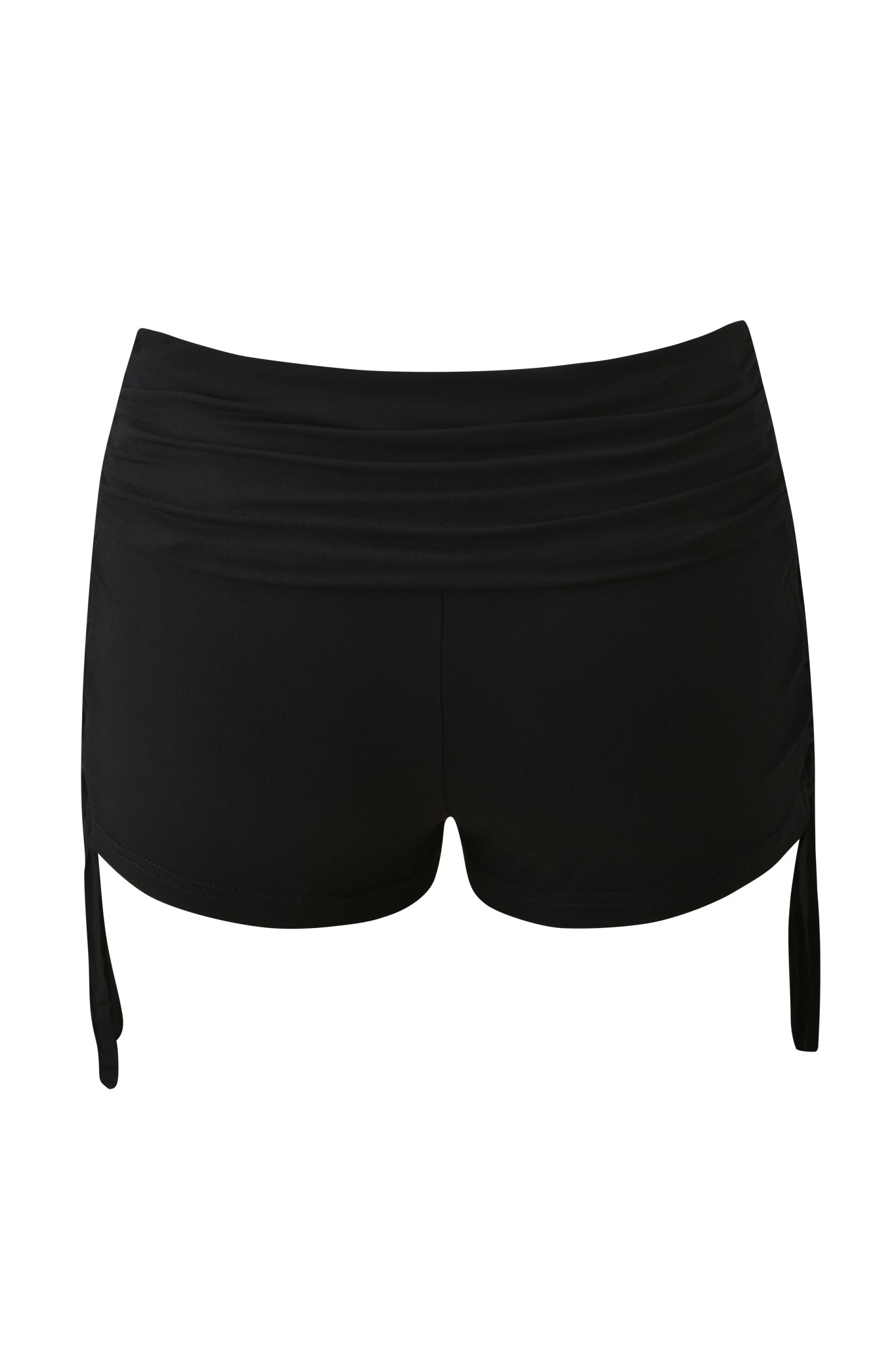 The MARIELLE SHORT - BLACK by I.AM.GIA features black micro swim shorts with a ruched waistband and side ties, shown from the back against a plain white background.
