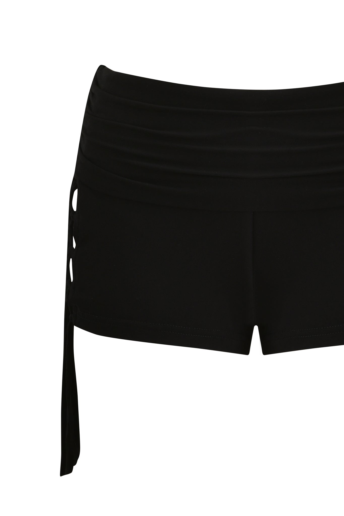The MARIELLE SHORT - BLACK by I.AM.GIA are black micro swim shorts in ultra soft jersey knit, featuring a wide waistband, side ruching, and a left tie detail, shown against a white background.