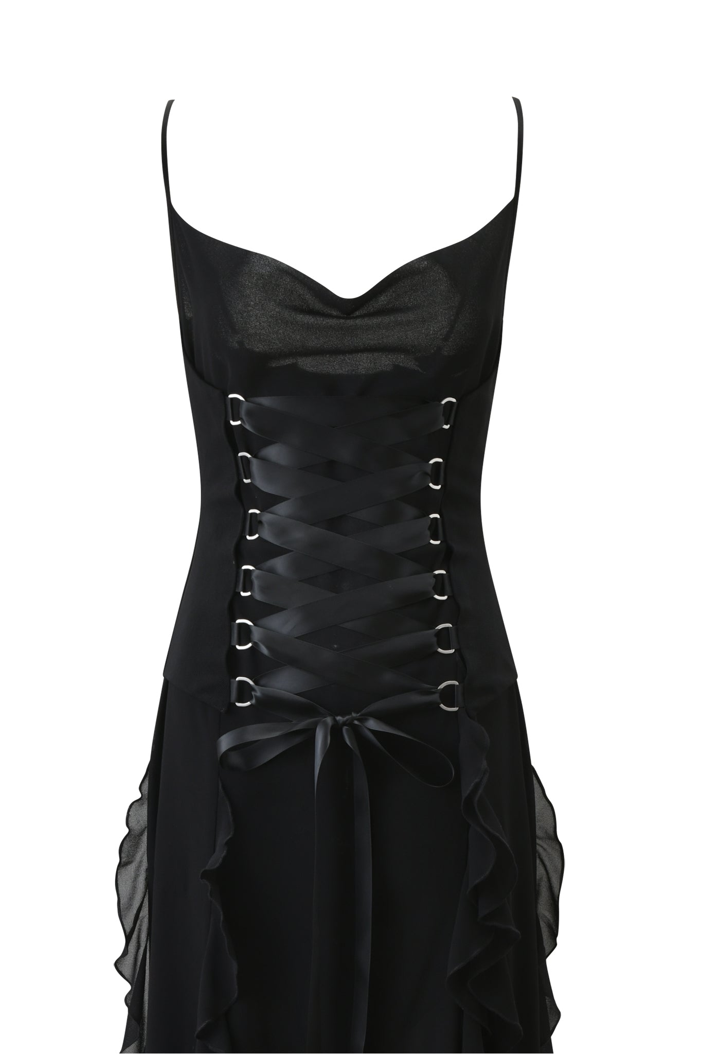 The I.AM.GIA MARLETTE 2.0 MAXI DRESS in black features thin spaghetti straps, a sweetheart neckline, corset-style lacing with crisscrossed ribbon through metal eyelets, and dramatic ruffled sheer side panels on the skirt.