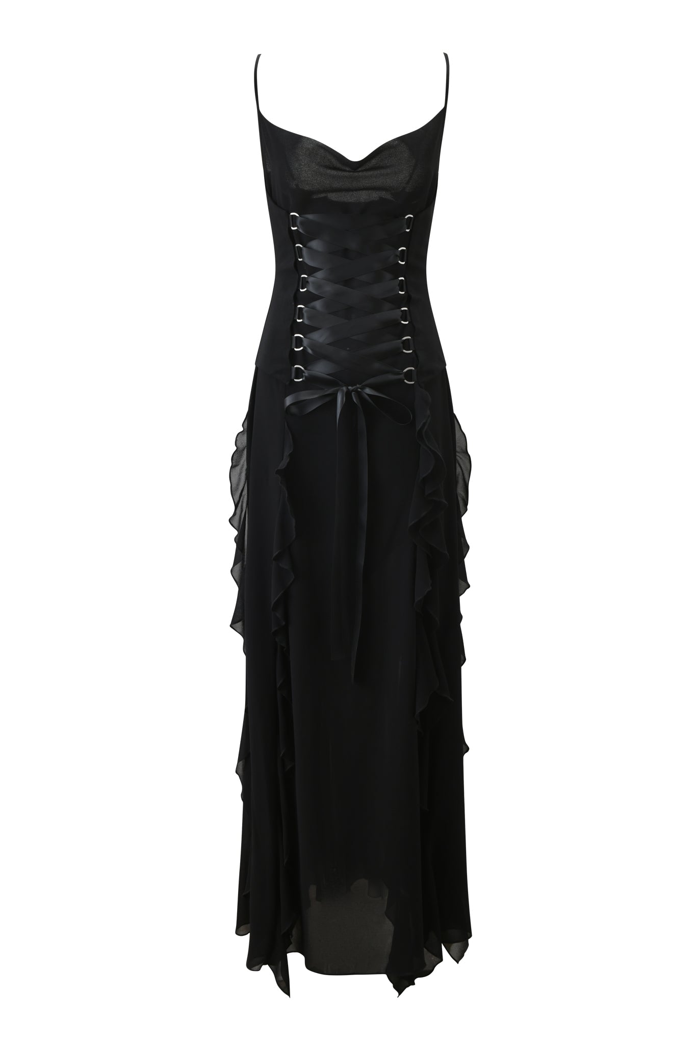 The MARLETTE 2.0 MAXI DRESS by I.AM.GIA features thin straps, corset-style front lacing with silver eyelets, ruffled side details, and a flowing high-low hemline for an effortlessly elegant look.