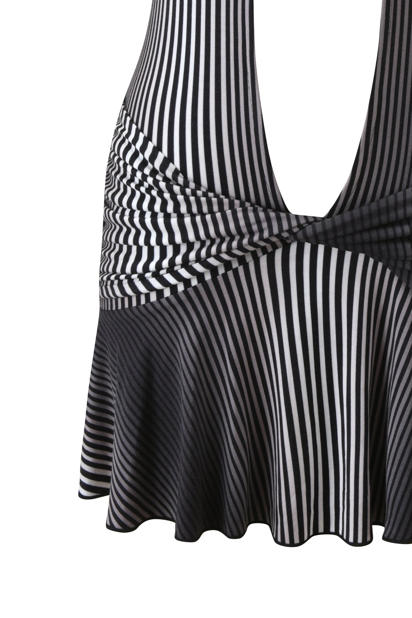 The MARGEAUX MINI DRESS - STRIPE by I.AM.GIA features black and white diagonal and vertical stripes, a plunging V-neckline, flared hem, and a wrapped waist for a striking twist effect.