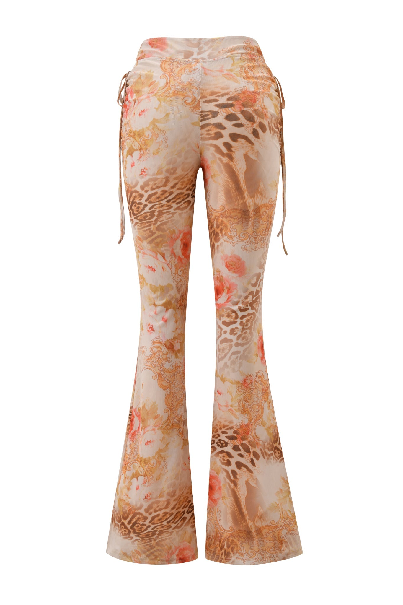 Back view of the ERISKA PANT - DESERT ROSE by I.AM.GIA, featuring a high-waisted flared silhouette in beige, brown, and peach floral animal print with adjustable side waist ties.