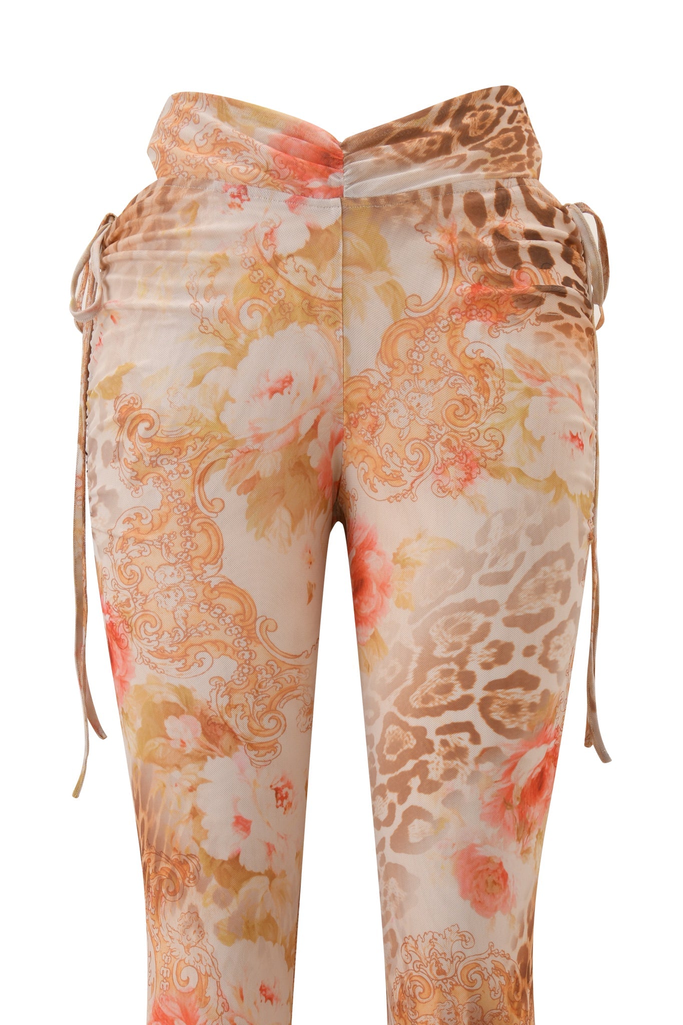 The ERISKA PANT - DESERT ROSE by I.AM.GIA features a high-waisted, cross-over waistband, beige and peach floral-animal print mesh, straight leg cut, and side drawstring accents.
