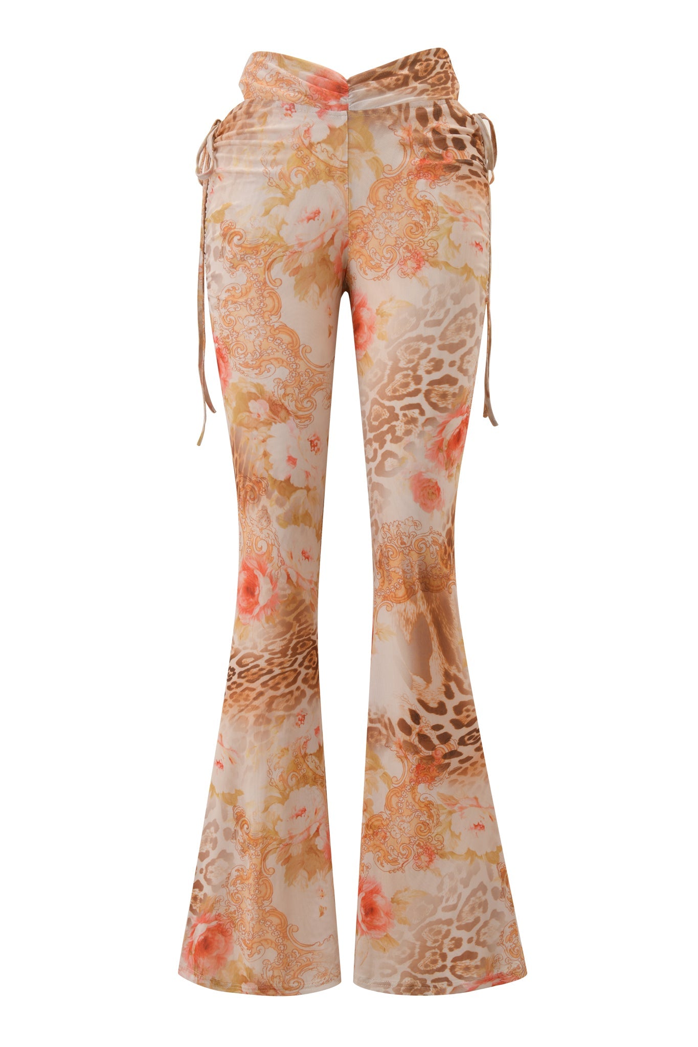 The ERISKA PANT - DESERT ROSE by I.AM.GIA features a high-waisted, flared silhouette with a beige, brown, and peach floral animal print and side drawstrings for a bold statement.