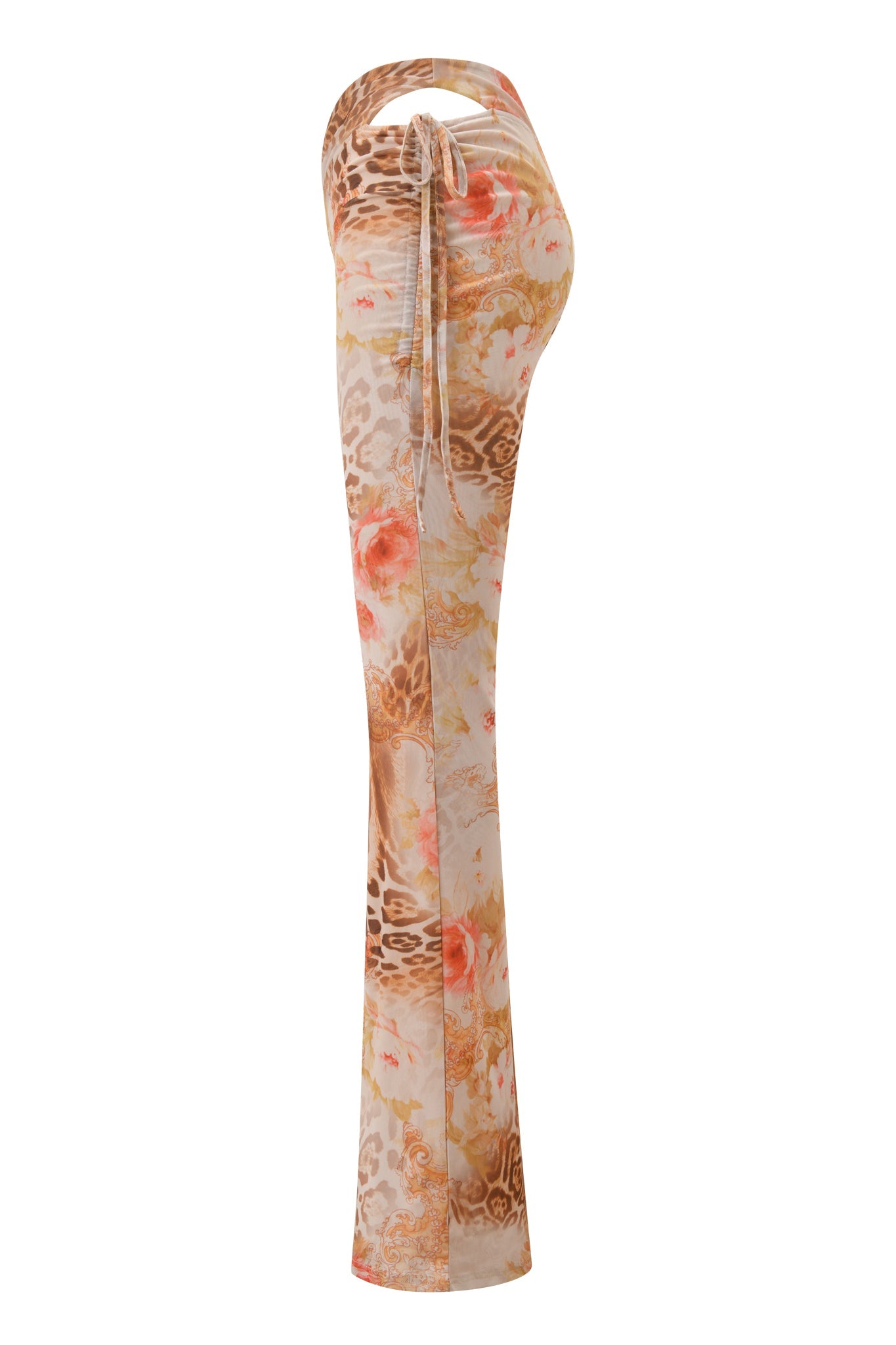 Side view of a long, fitted dress with a halter neck and open back, showcasing a brown leopard and peach floral print—like that of the I.AM.GIA ERISKA PANT in Desert Rose—on light beige, finished with an upper back tie detail.