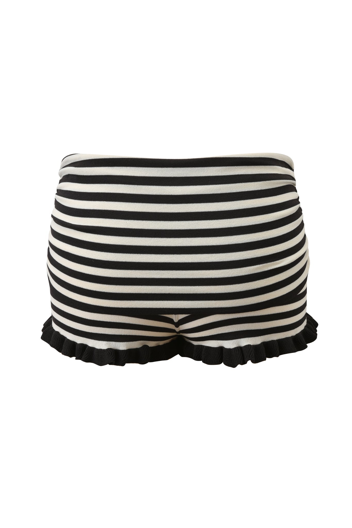 The I.AM.GIA ZINNIA SHORT in black and cream features black and white stripes, a ruched waistband, ruffled hem, and soft knit fabric, shown against a plain white background.