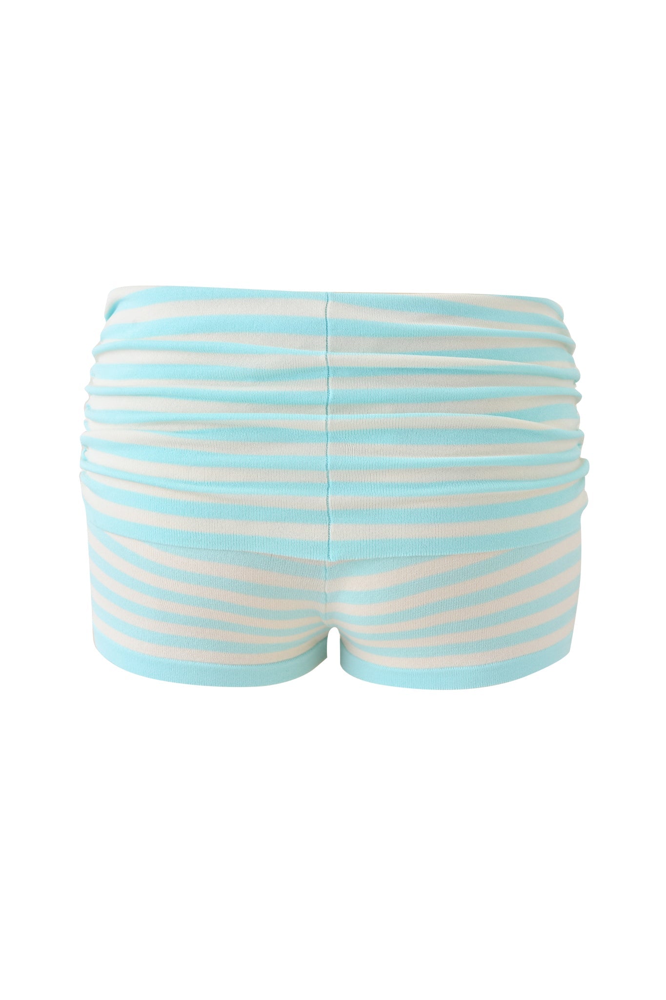 The I.AM.GIA ZINNIA SHORT in blue and ivory features horizontal stripes, side ruching, and an adjustable waistband, displayed from the back against a white background.