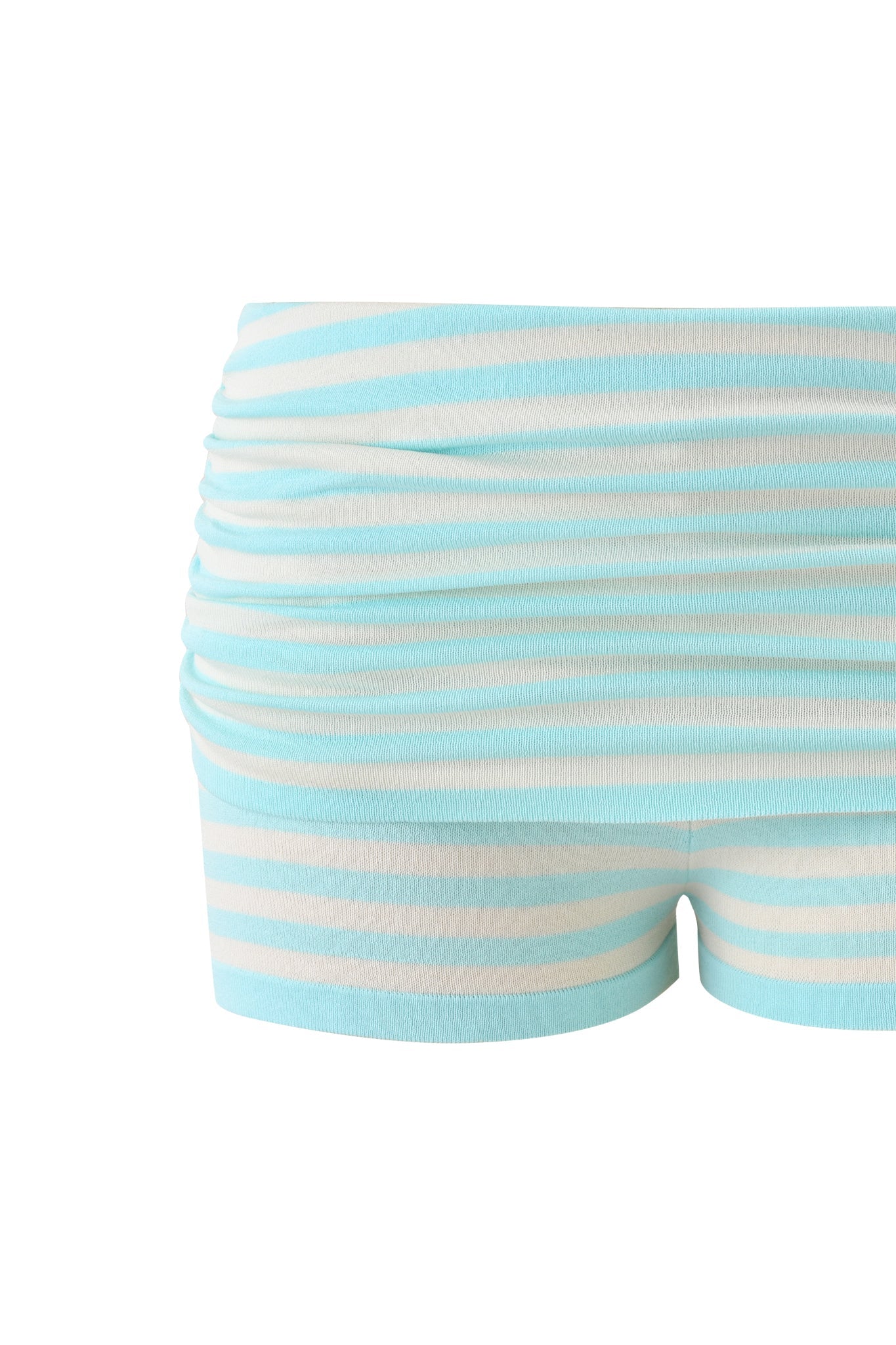The I.AM.GIA ZINNIA SHORT - BLUE AND IVORY features light blue and ivory horizontal stripes, micro length, and a ruched adjustable waistband, shown against a plain white background.