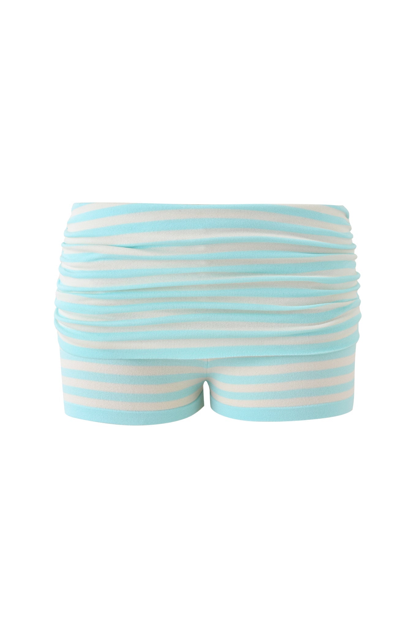 The ZINNIA SHORT by I.AM.GIA features blue and ivory stripes, a high-waisted bodycon fit, adjustable ruched waistband, and knit fabric, shown against a plain white background.