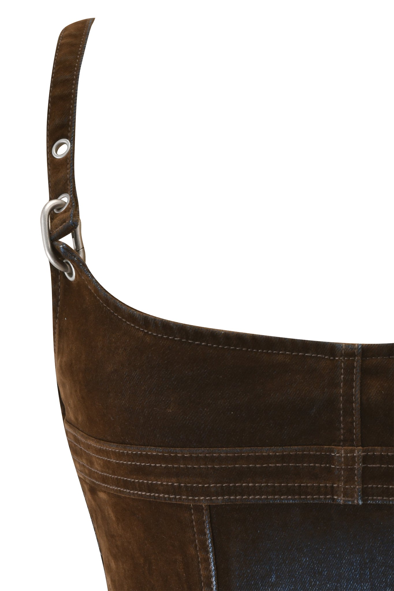 Close-up of the VIVAINE DENIM CORSET TOP - NEUTRAL by I.AM.GIA, showcasing brown sueded denim with a shoulder strap, metal grommets and buckle, detailed stitching, and a fitted vintage-look bodice against a white background.