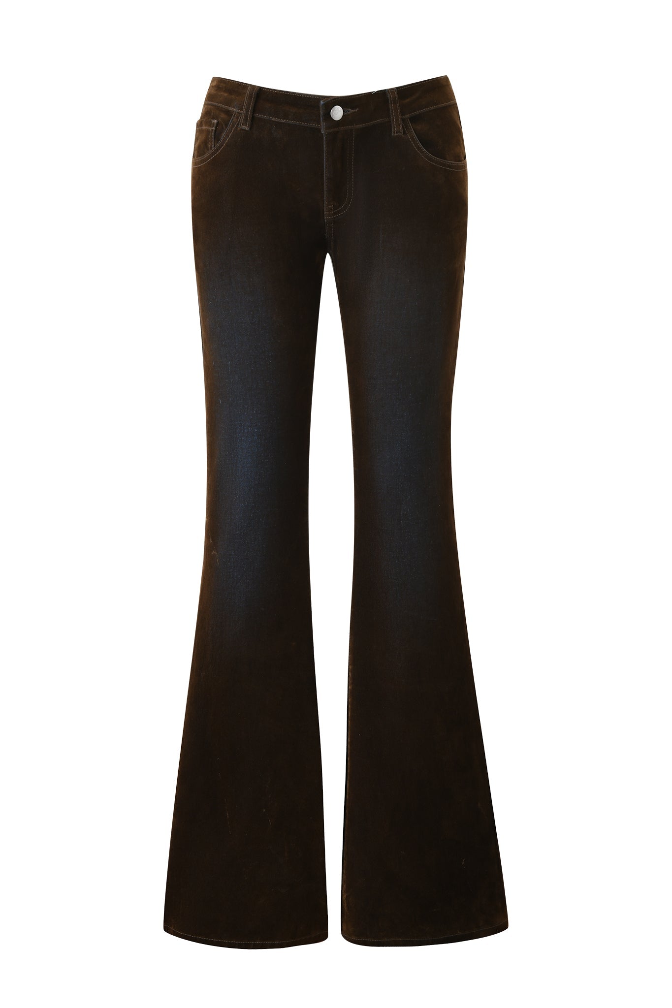 The I.AM.GIA VIVAINE DENIM PANT - NEUTRAL features a dark brown vintage flare, mid-rise waist, front zipper and button closure, plus front and back pockets. The leg widens from the knee for a classic retro style.