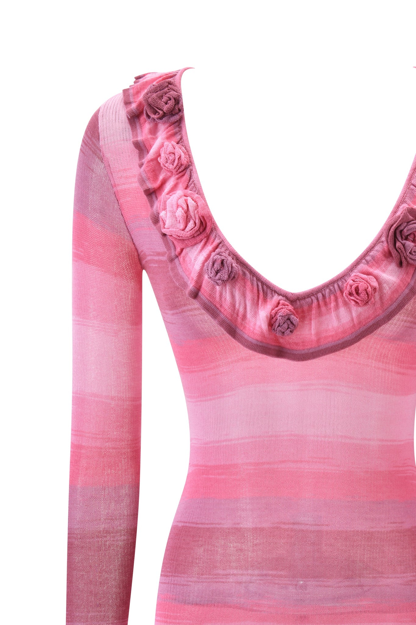 The NERISSA KNIT MINI DRESS by I.AM.GIA features pink stripes, long sleeves, a deep v-neckline, and chic rose appliqués for a feminine look.