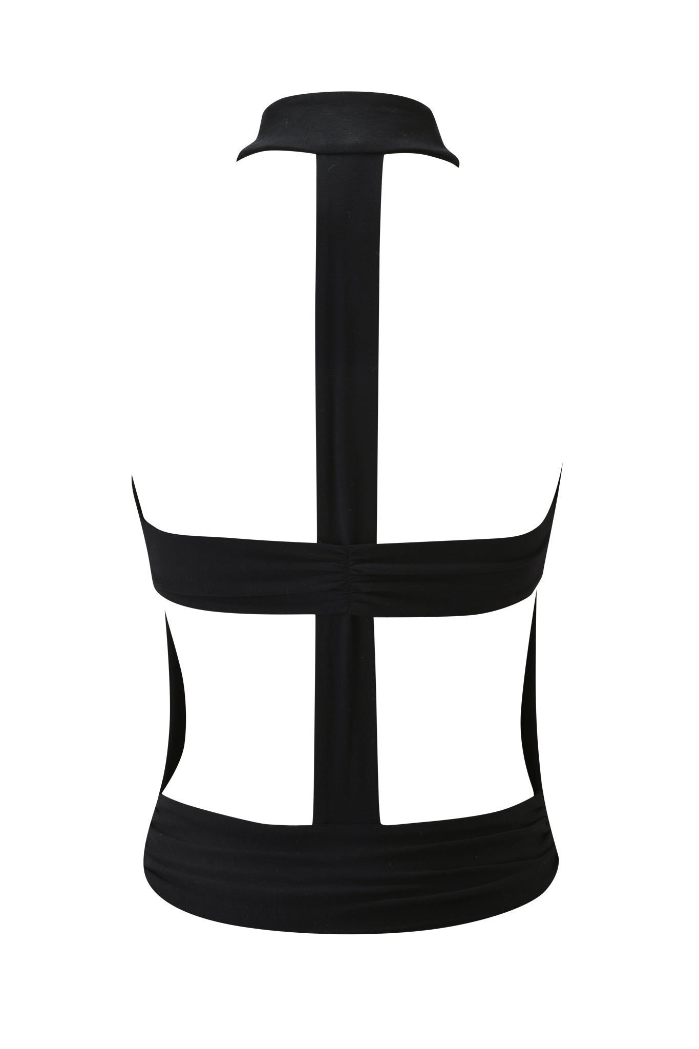 The SERREN TOP - BLACK by I.AM.GIA is a black halter crop top with a high neckline, fitted waist panel, vertical back strap, horizontal back band, and side cutout details.