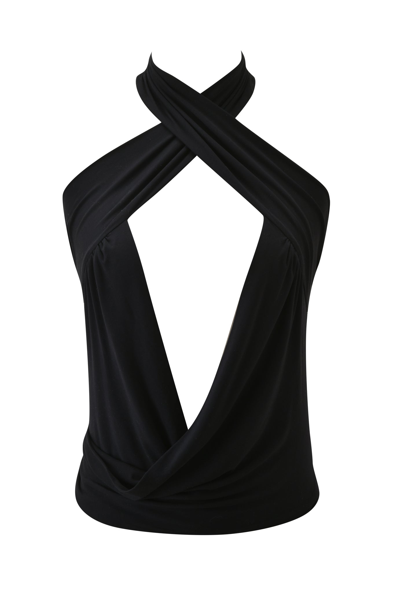 The I.AM.GIA SERREN TOP - BLACK is a sleeveless halter top with a crisscross wrap neckline, deep V-shaped cutout, and fitted waist panel, shown against a white background.