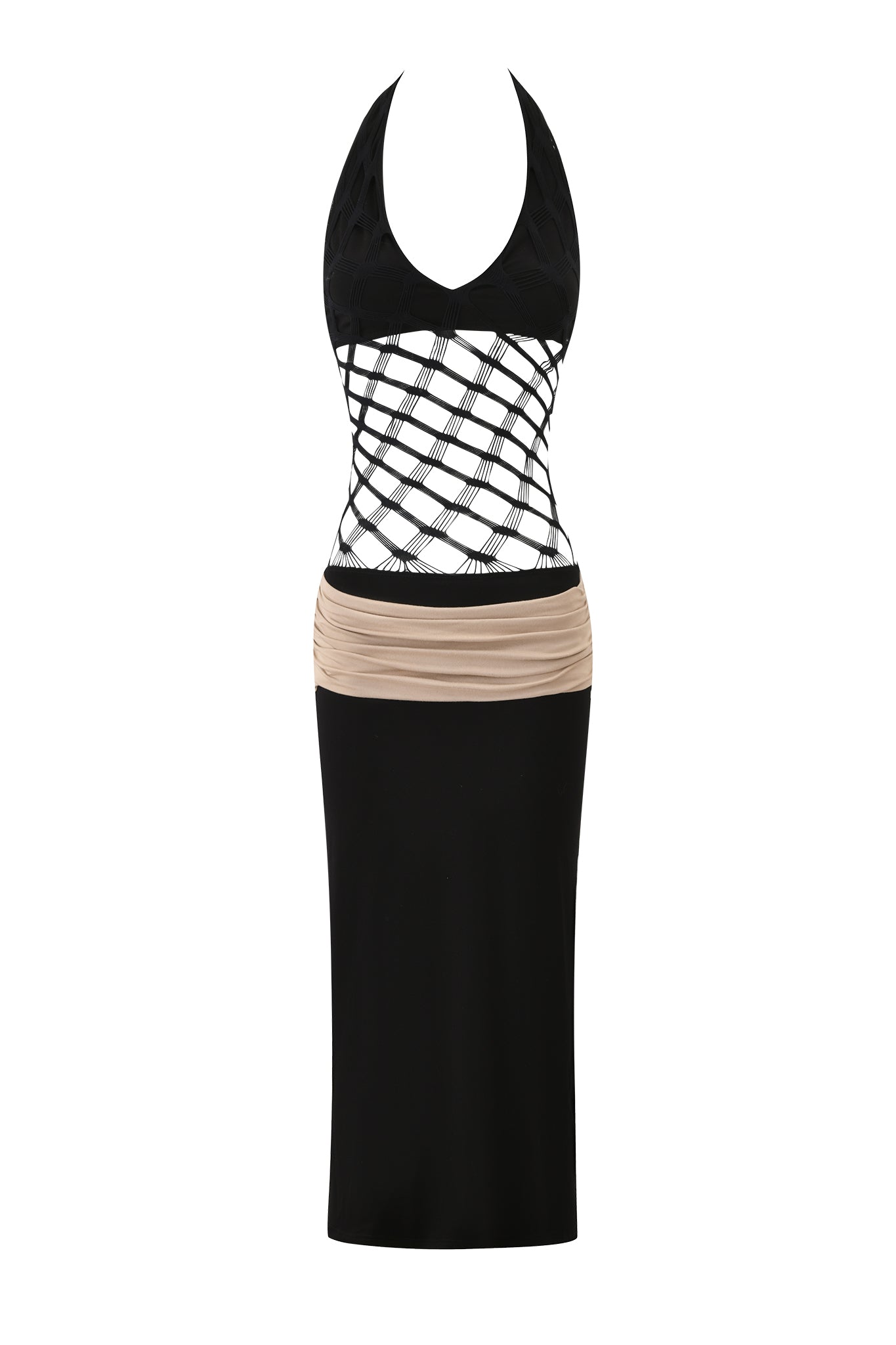 The ZOREEN MIDI DRESS by I.AM.GIA is a black, sleeveless halter midi dress with a deep neckline, crisscross fishnet bodice panel, tan ruched waistband, and long skirt.