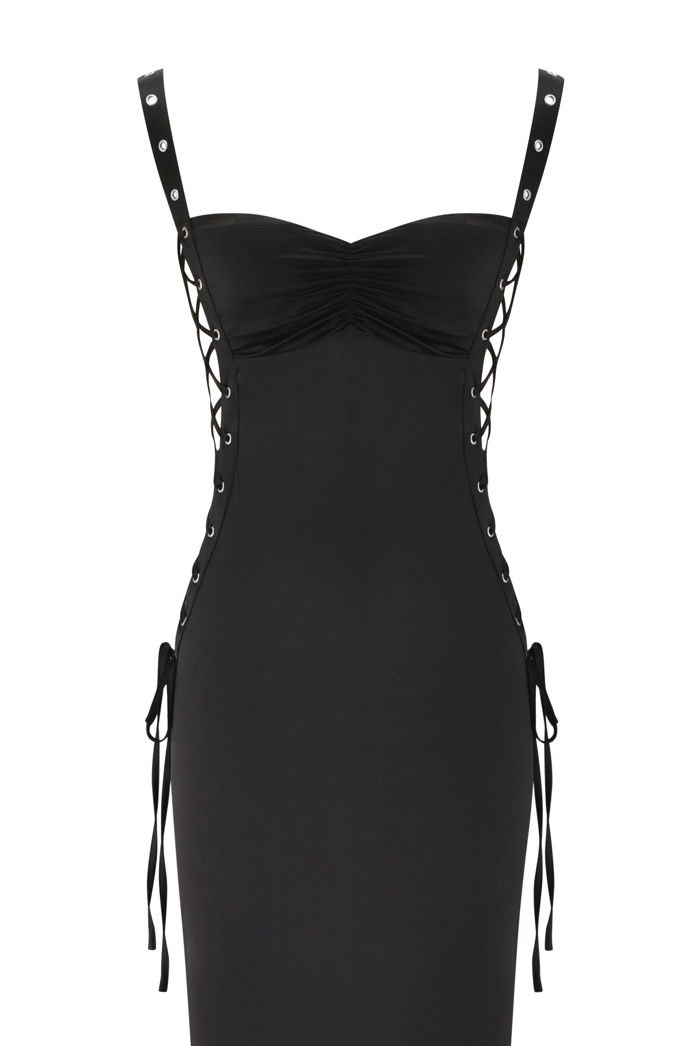 The ASHLEE MAXI DRESS - BLACK by I.AM.GIA is a black satin bodycon maxi dress with lace-up sides, black ribbon ties on shoulder straps, a ruched bust, and a sweetheart neckline for an elegant look.