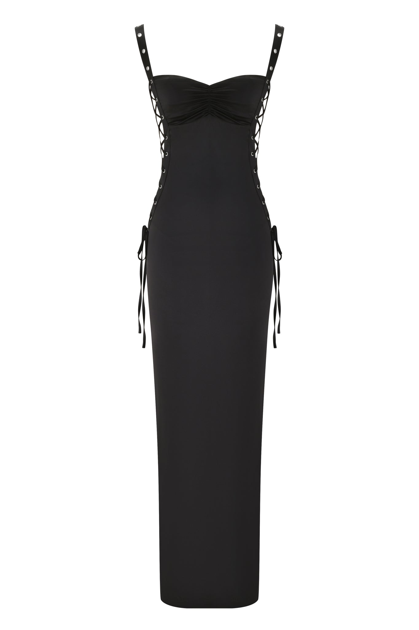 The ASHLEE MAXI DRESS - BLACK by I.AM.GIA is a sleeveless satin bodycon maxi dress featuring lace-up sides, thin straps, ruched bust, a sweetheart neckline, ankle-length cut, and adjustable hip ties.