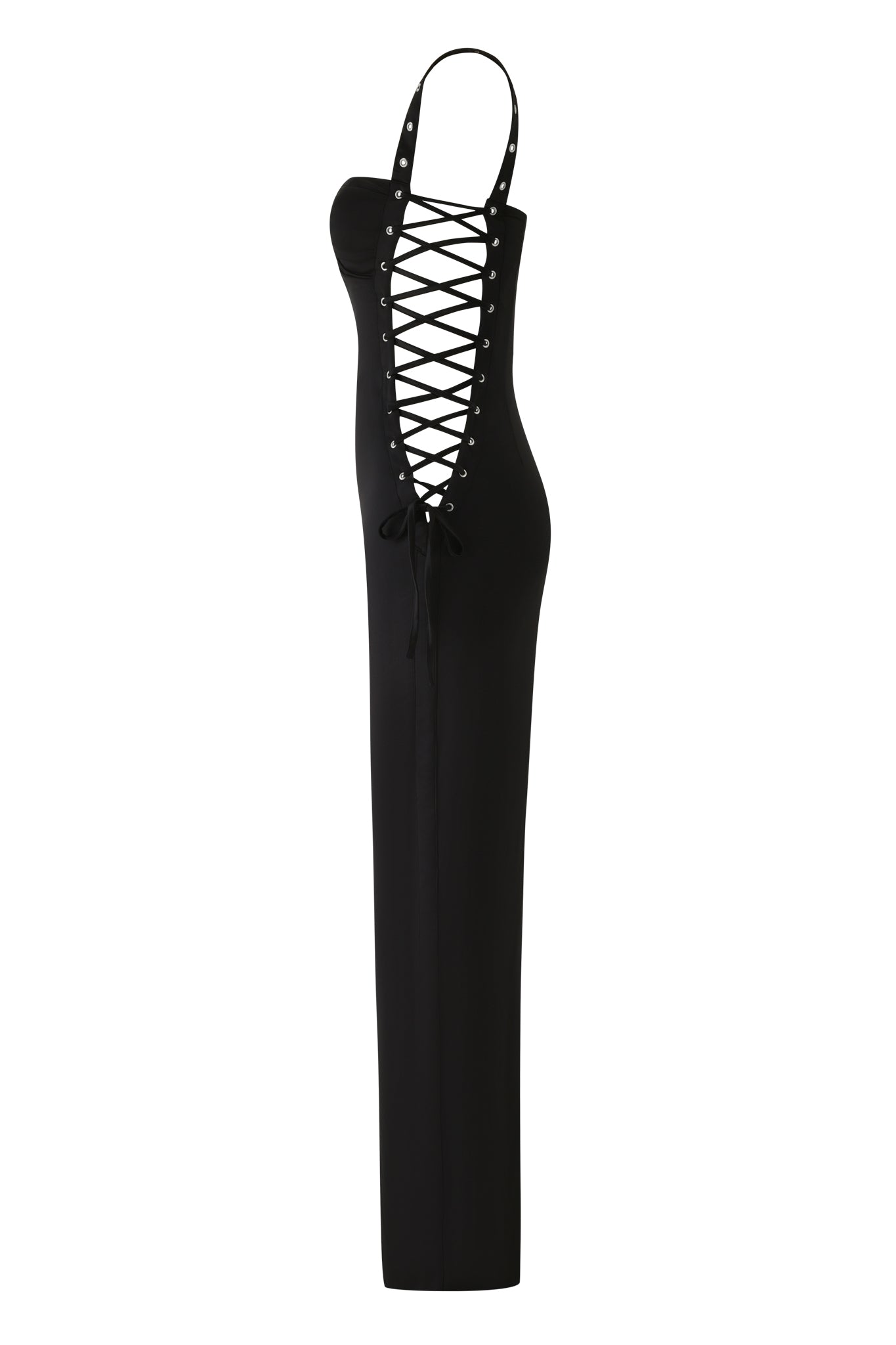 The ASHLEE MAXI DRESS in black by I.AM.GIA is a bodycon satin maxi dress with a dramatic front lace-up detail featuring silver eyelets and crisscrossing laces from the sweetheart neckline to waist.