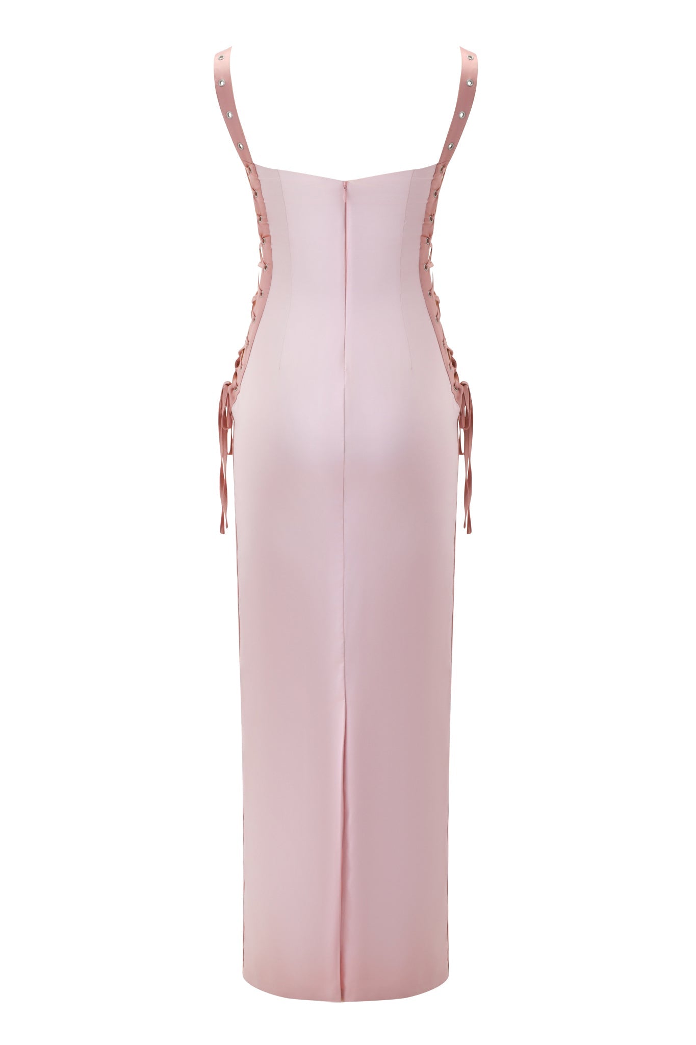 The ASHLEE MAXI DRESS by I.AM.GIA is a long, pale pink lace-up dress with thin studded straps and side lace-up details, finished with a slit at the hem.