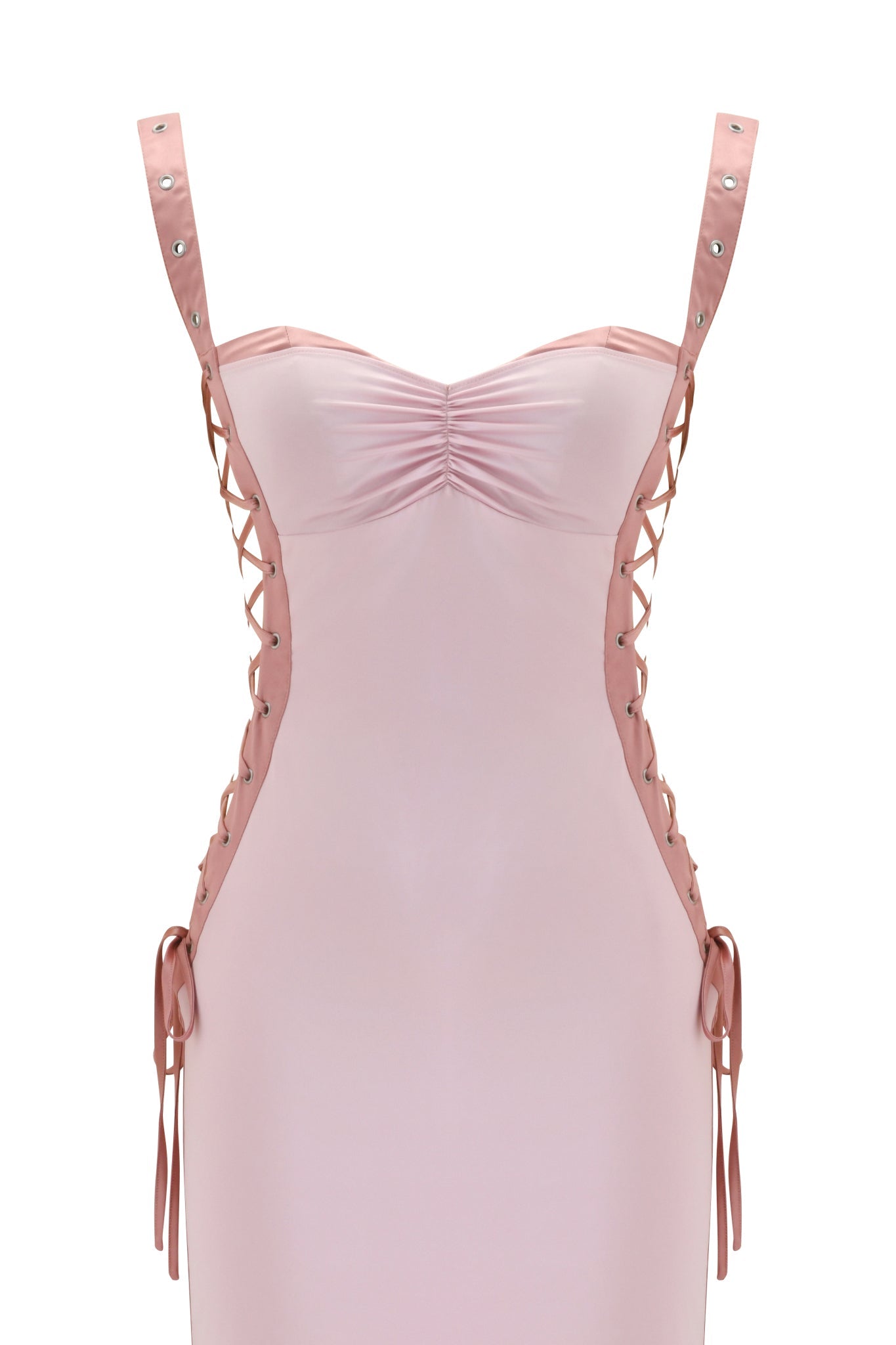 The ASHLEE MAXI DRESS - PINK by I.AM.GIA is a sleeveless, stretch satin lace-up maxi dress with grommet details, hip bow ties, and a subtle sweetheart neckline with center ruching.