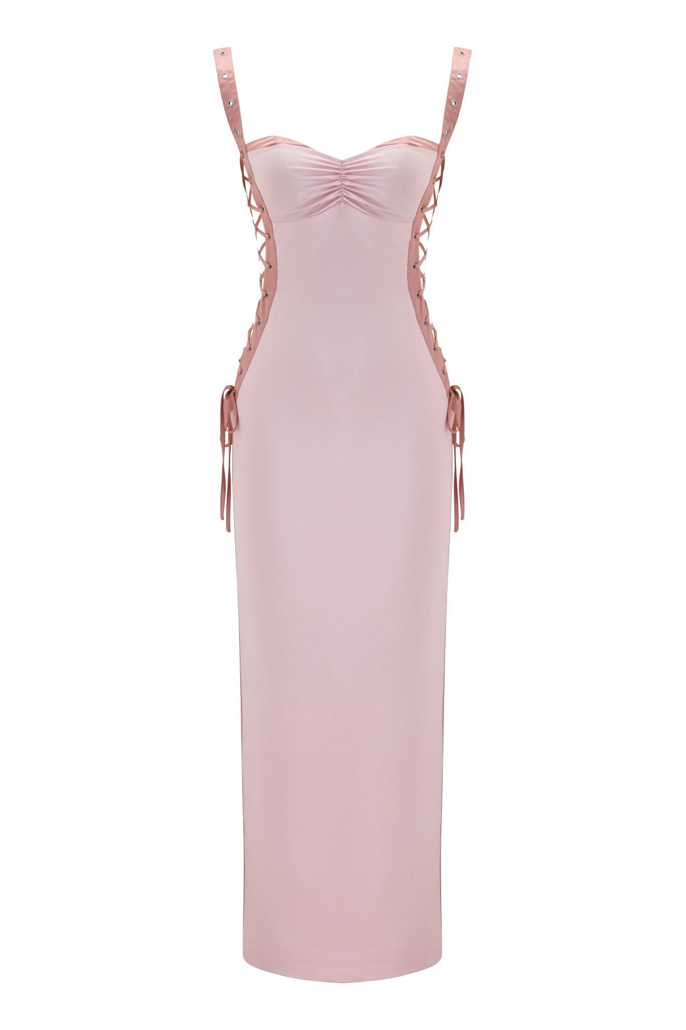 The ASHLEE MAXI DRESS by I.AM.GIA is a light pink satin bodycon dress with spaghetti straps, bust ruching, and lace-up side ties at the waist, shown on a plain white background.