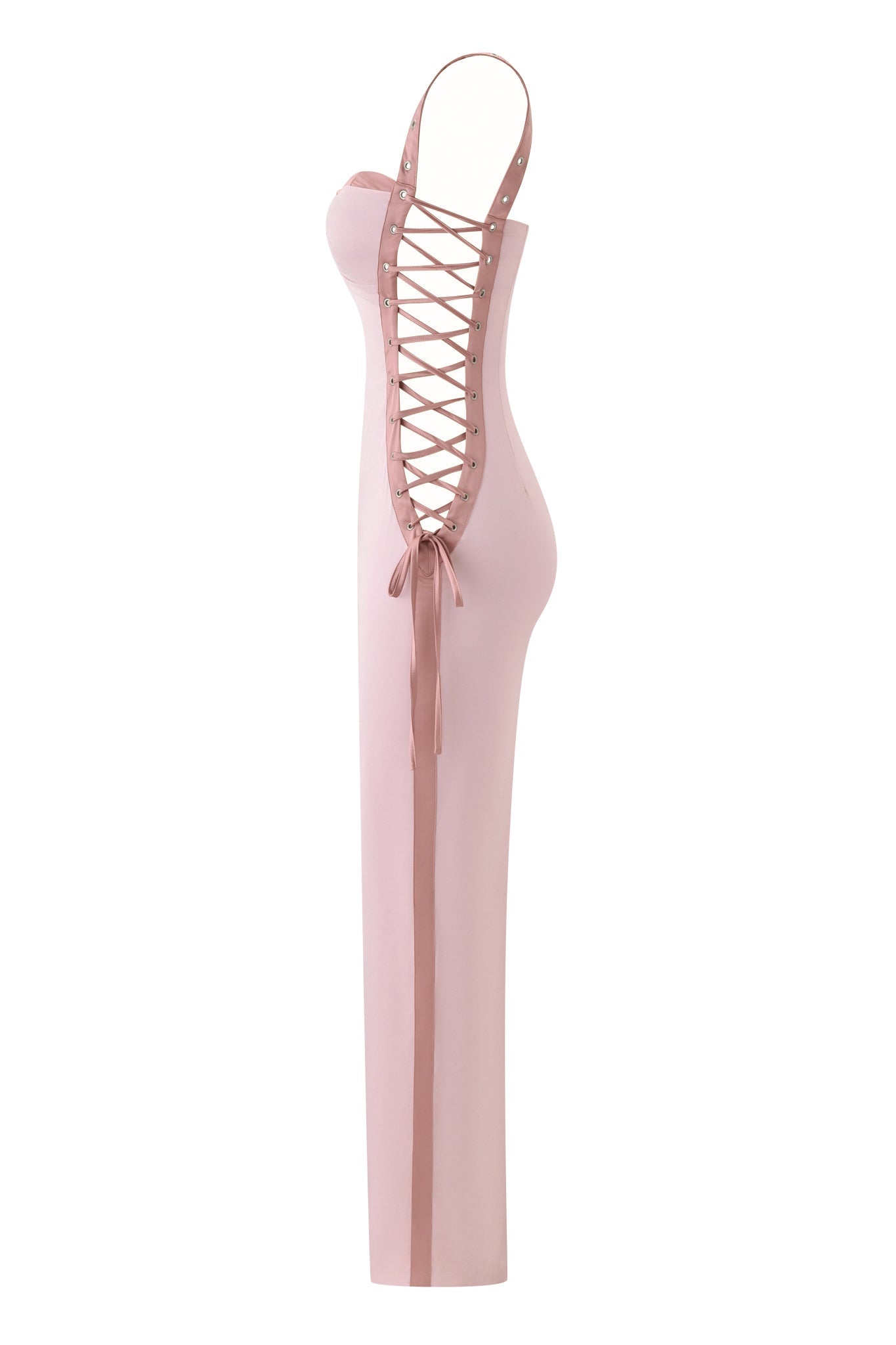 The I.AM.GIA ASHLEE MAXI DRESS in pink is a form-fitting satin dress with thin straps, an open back and sides, and crisscross lace-up detailing from bust to hip.
