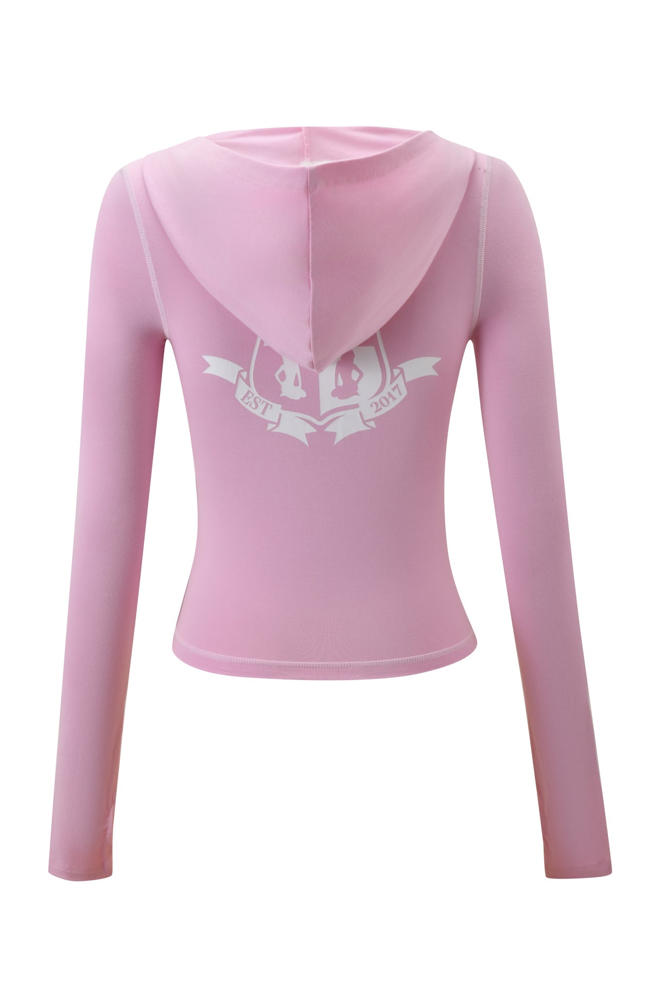 The BLARE PIPING HOODIE by I.AM.GIA is a baby pink cropped hoodie with long sleeves, a hood, and white piping. The back features two faces in profile with a banner reading "EST 2021," showcasing I.AM.GIA’s signature streetwear style.