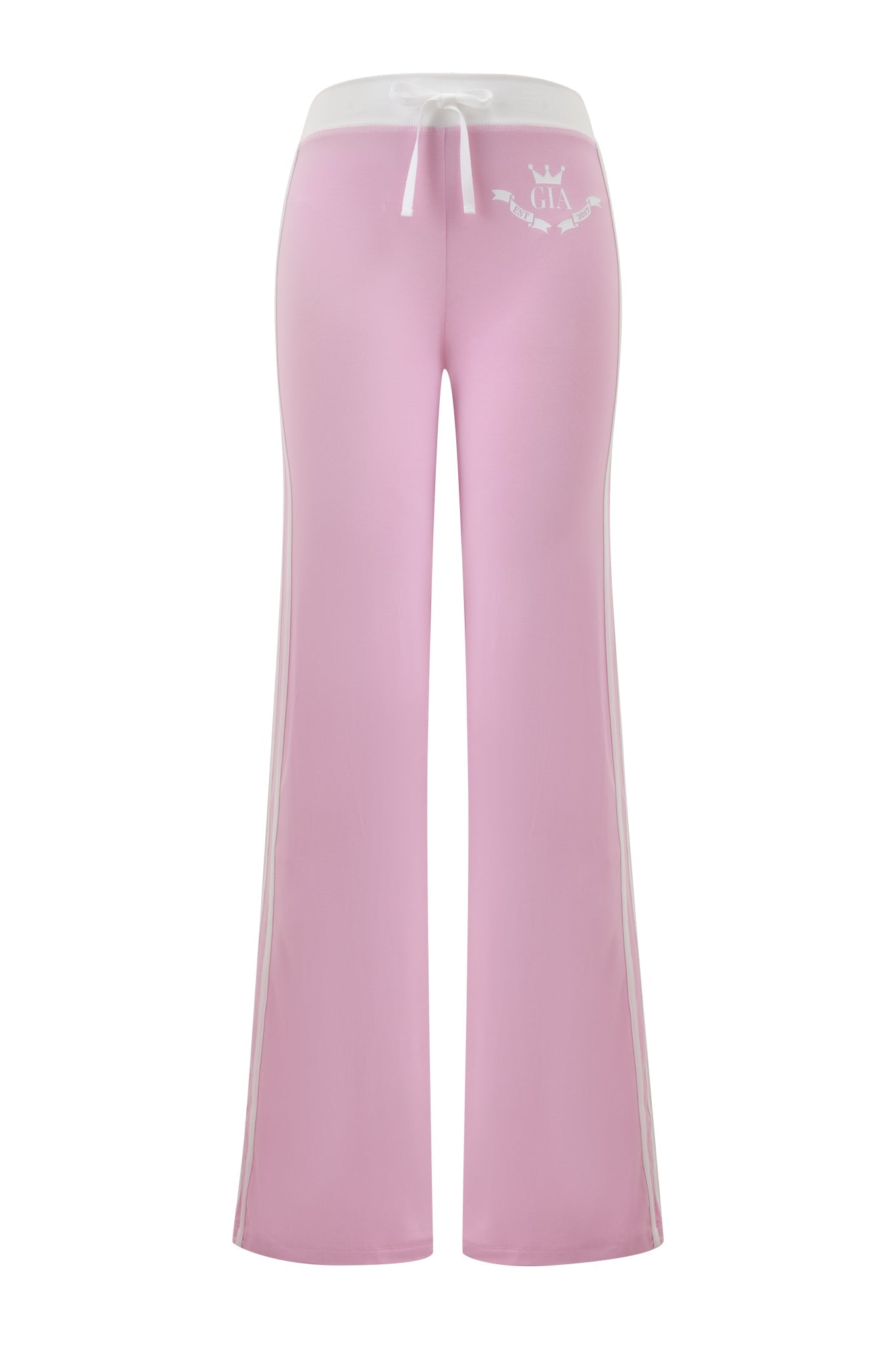 Back view of I.AM.GIA’s BLARE PIPING TRACKPANT in baby pink and white, featuring a flared fit, white waistband, side stripes, drawstring, and a small white graphic with crown on the left hip.