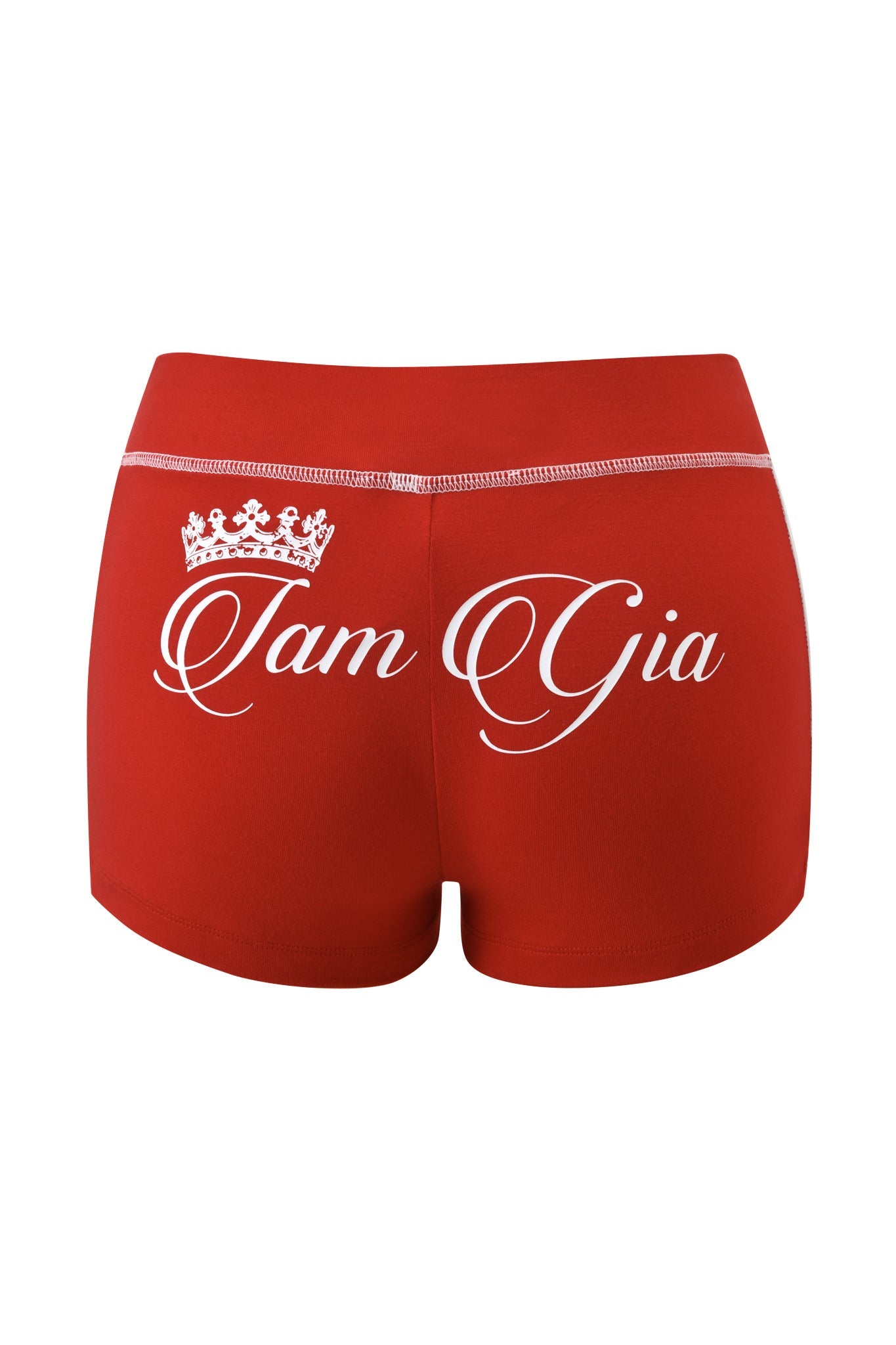 The BLARE BAMBOO PANELLED SHORT in red by I.AM.GIA features sporty micro styling, "Iam Gia" script with a crown graphic on the back, and is crafted from soft bamboo fabric for comfort and style.