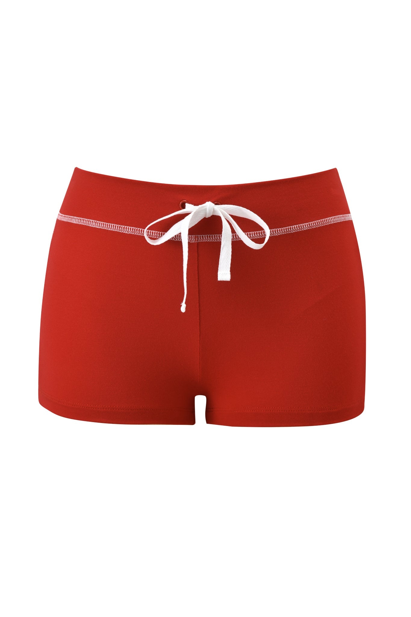 The BLARE BAMBOO PANELLED SHORT - RED by I.AM.GIA is a sporty micro short in vibrant red with a white string, crafted from soft bamboo fabric for comfort and style.